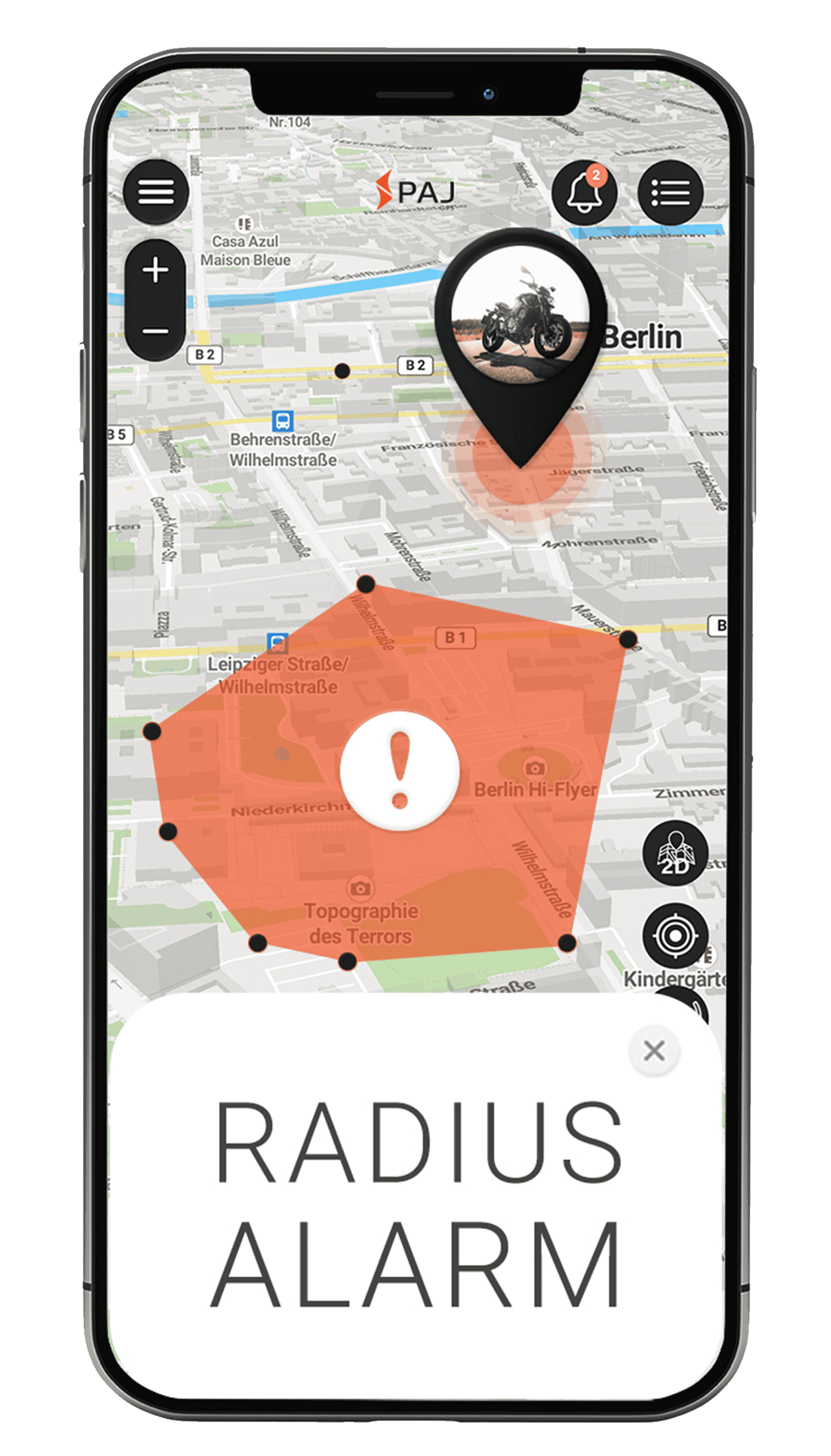 Mockup PAJ FINDER Portal App Radiusalarm für Motorrad