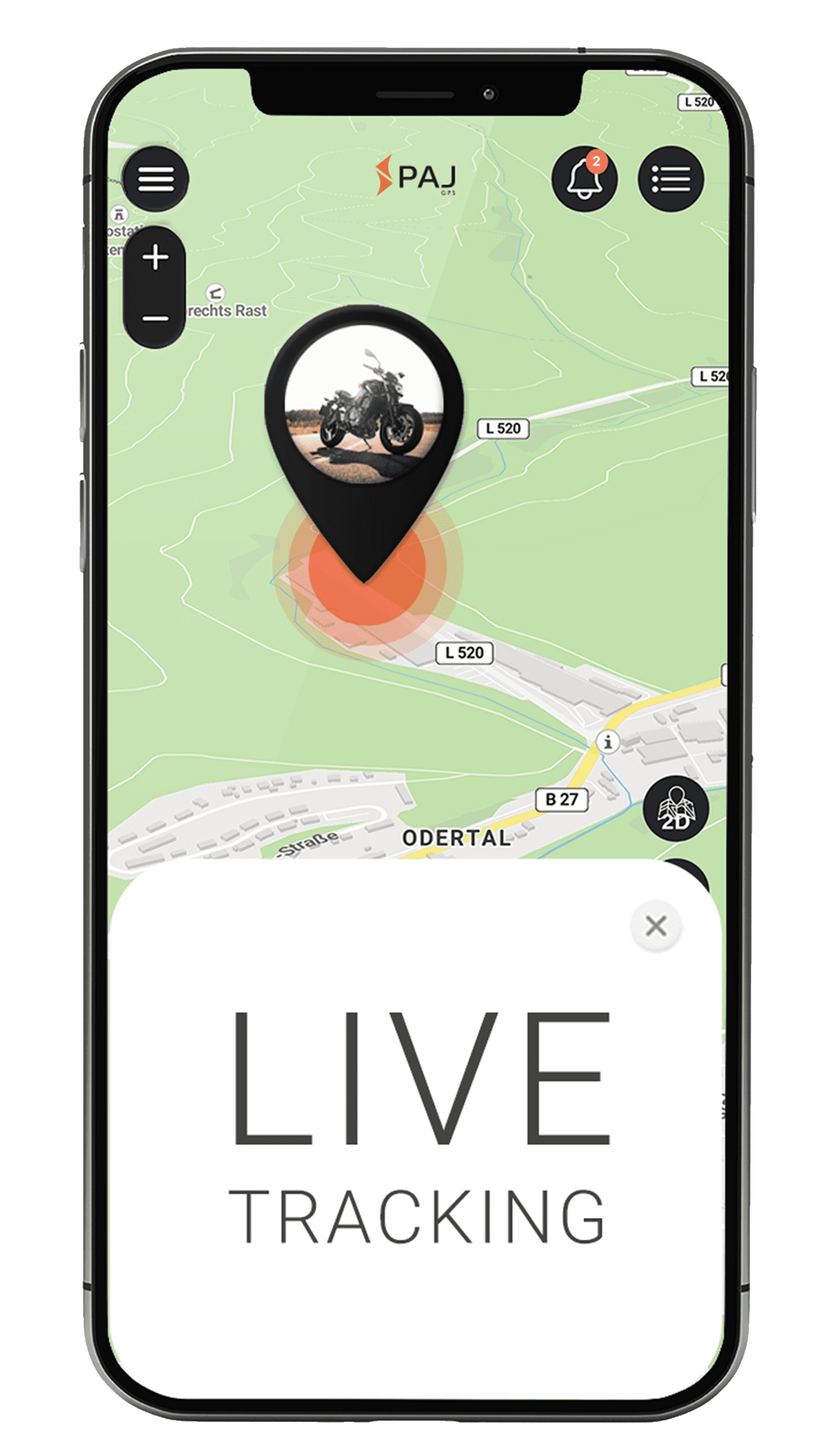 Mockup mit FINDER Portal, Motorrad und LIVE Tracking