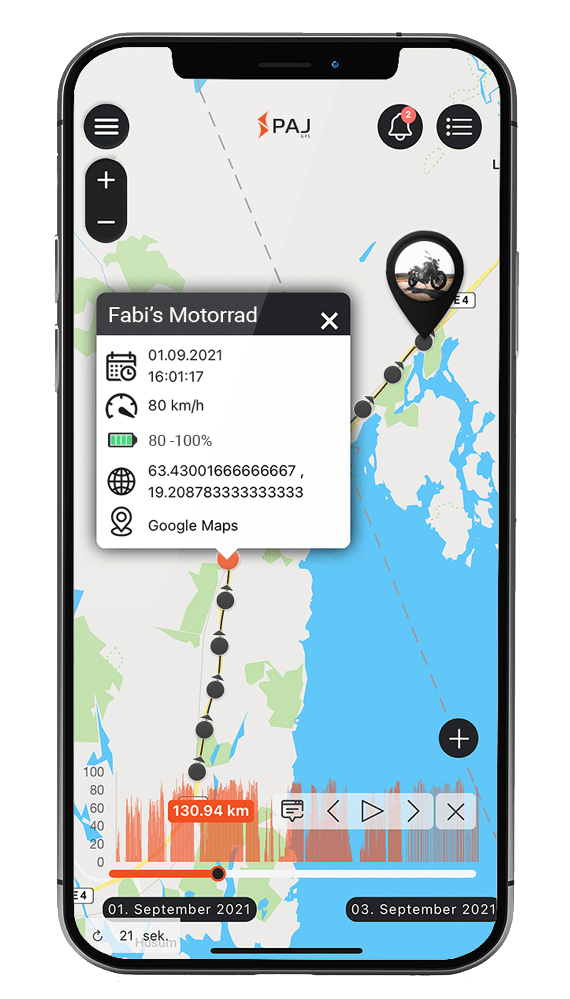 Mockup PAJ FINDER Portal App Streckenaufzeichnung für Motorrad