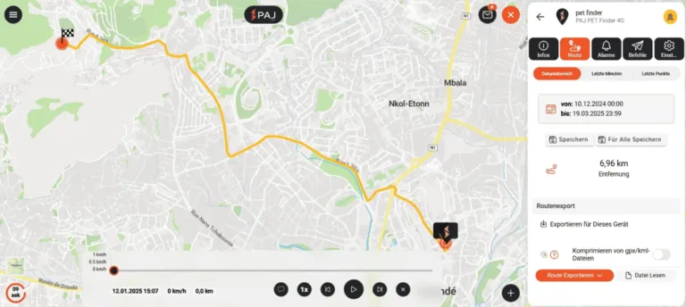 Auswahl des Datumsbereichs und der Route im Finder Portal, um die GPX-Datei zu exportieren