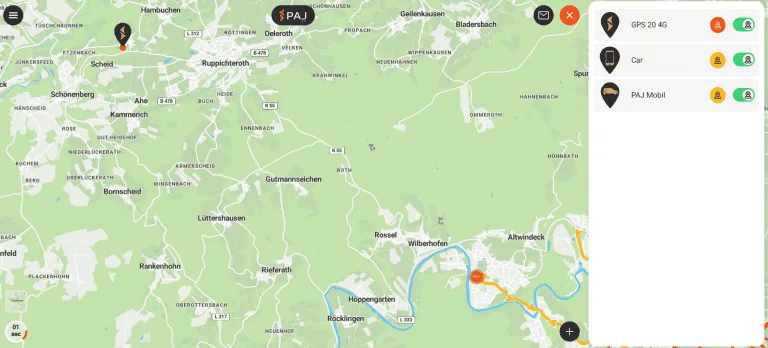 Geraeteauswahl im PAJ Finder Portal, um GPX Datei vom ausgewaelte Geraet zu exportieren