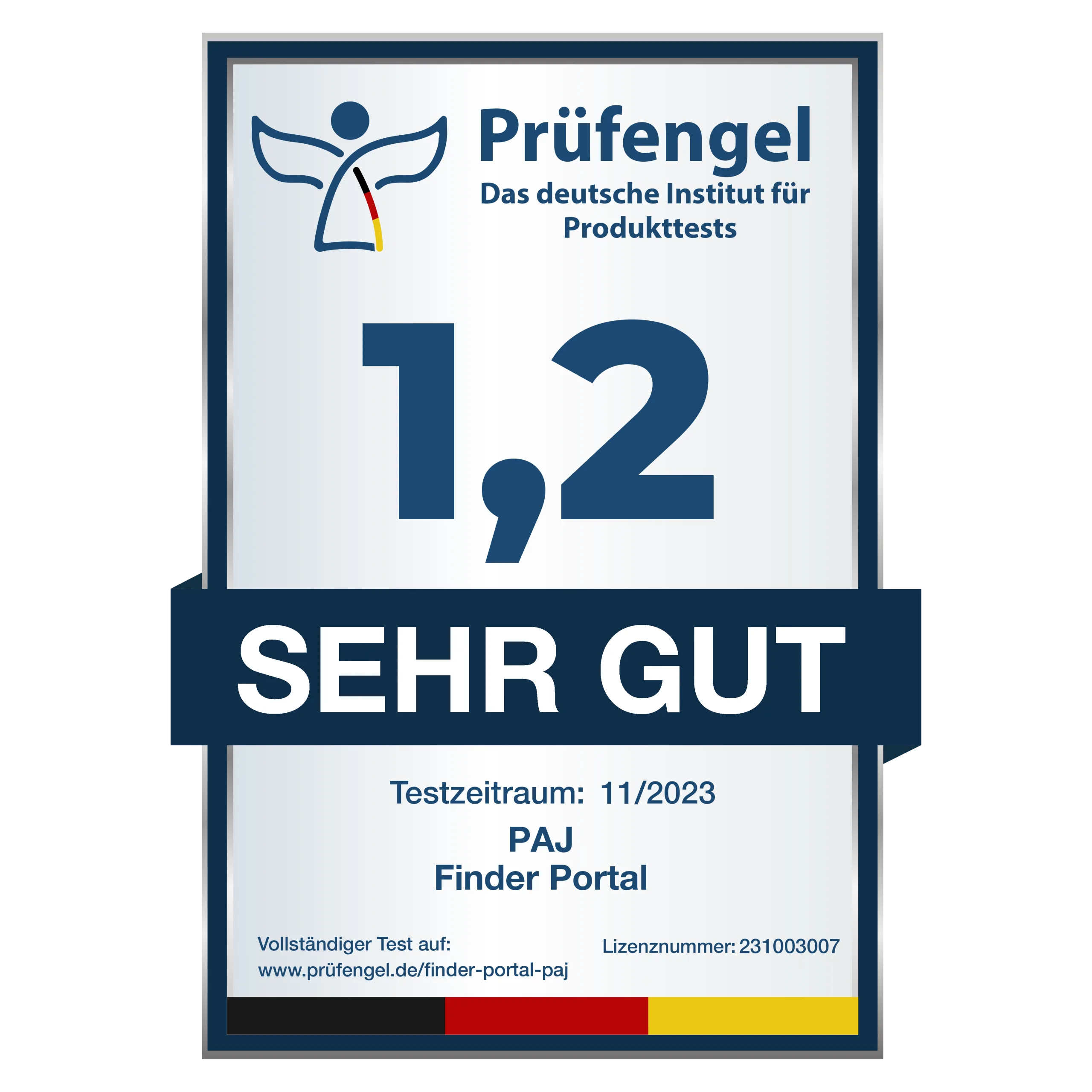 Sehr-Gut-Siegel von Prüfengel für das FINDER Portal von PAJ GPS