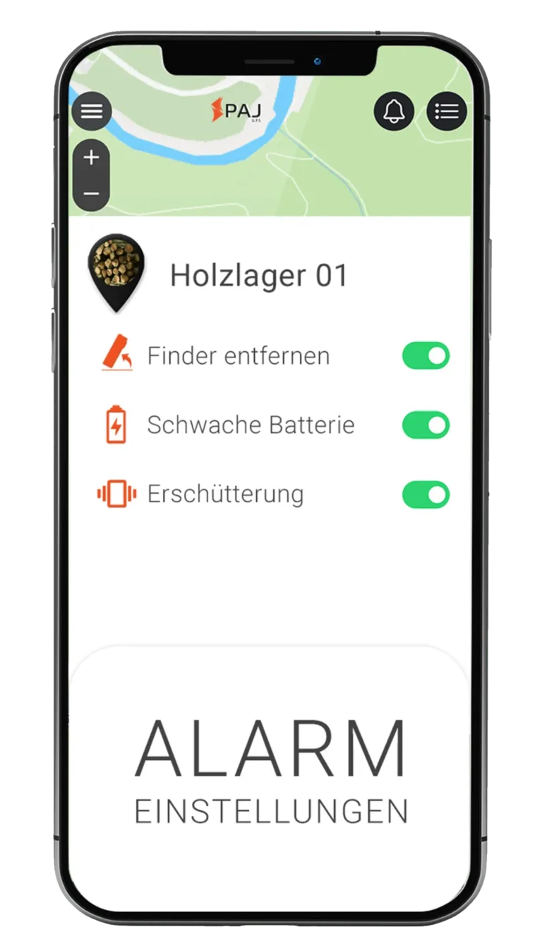 Mockup PAJ FINDER Portal App Alarmeinstellungen für Holz
