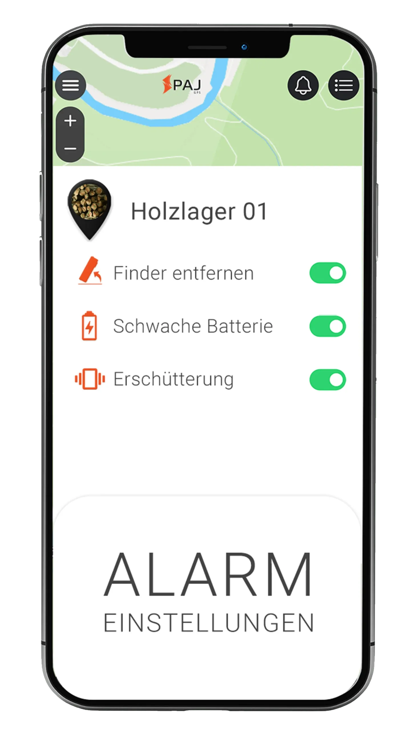 Mockup PAJ FINDER Portal App Alarmeinstellungen für Holz