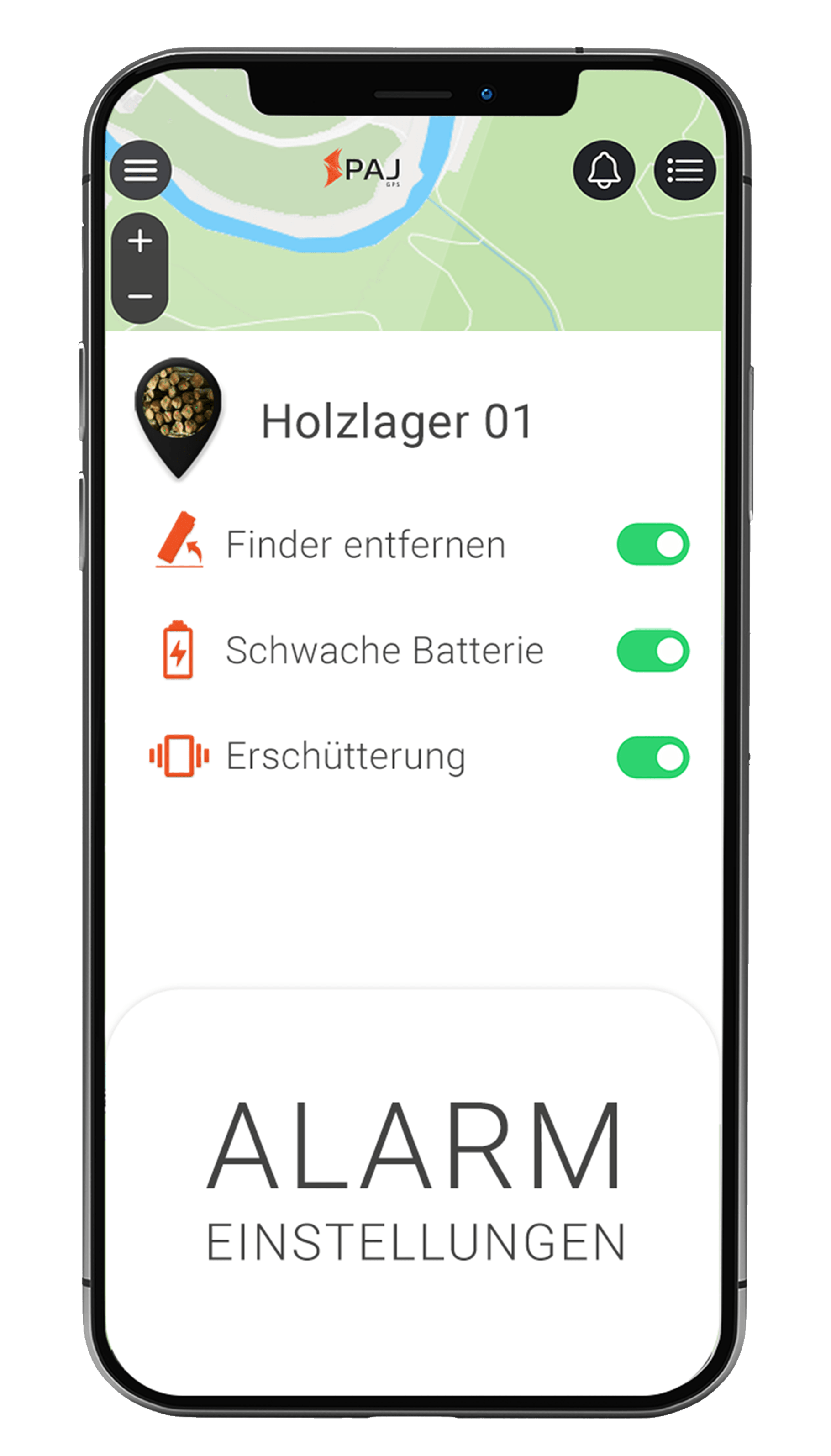 Mockup PAJ FINDER Portal App Alarmeinstellungen für Holz