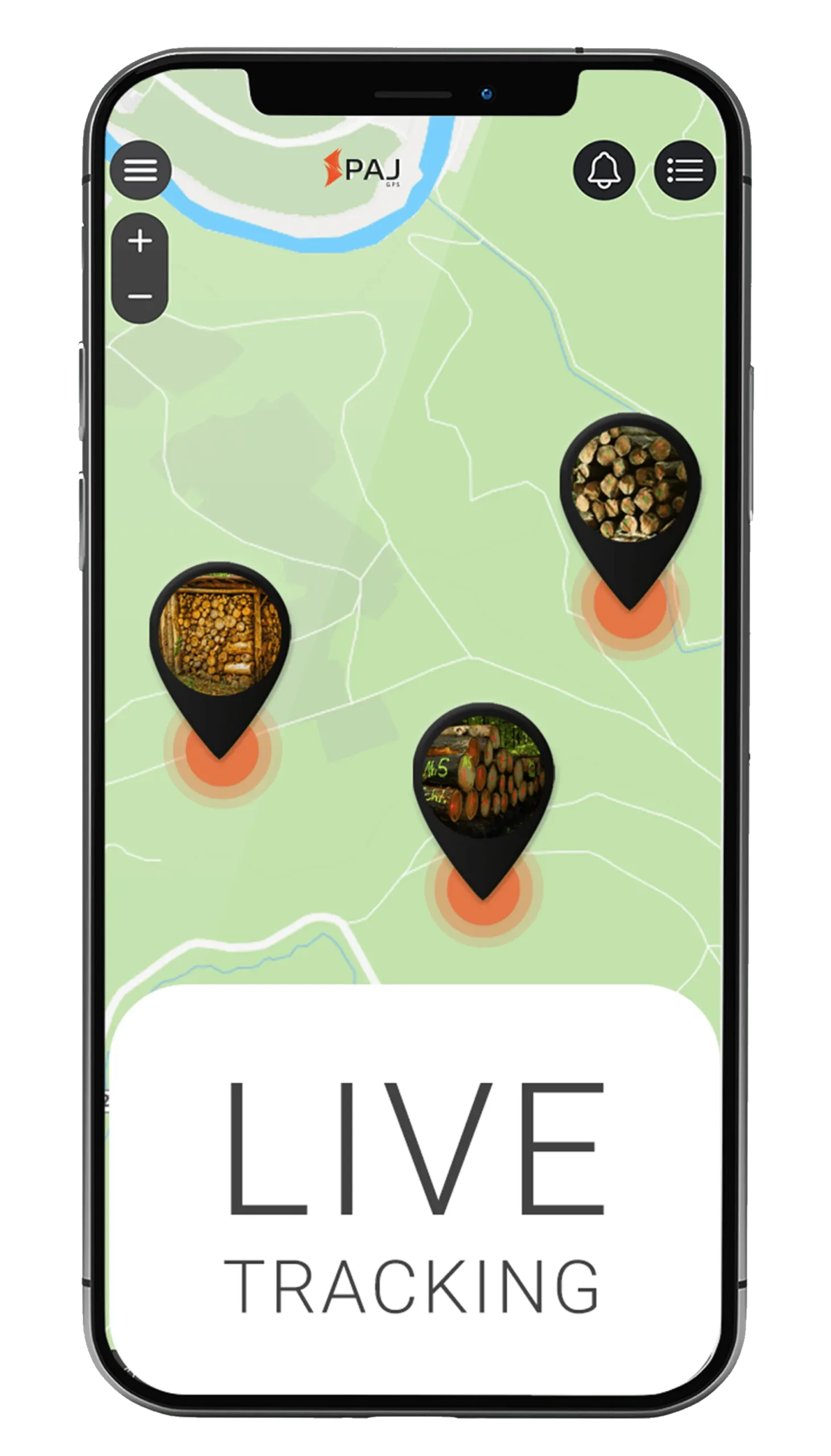 Mockup PAJ FINDER Portal App LIVE Tracking für Holz