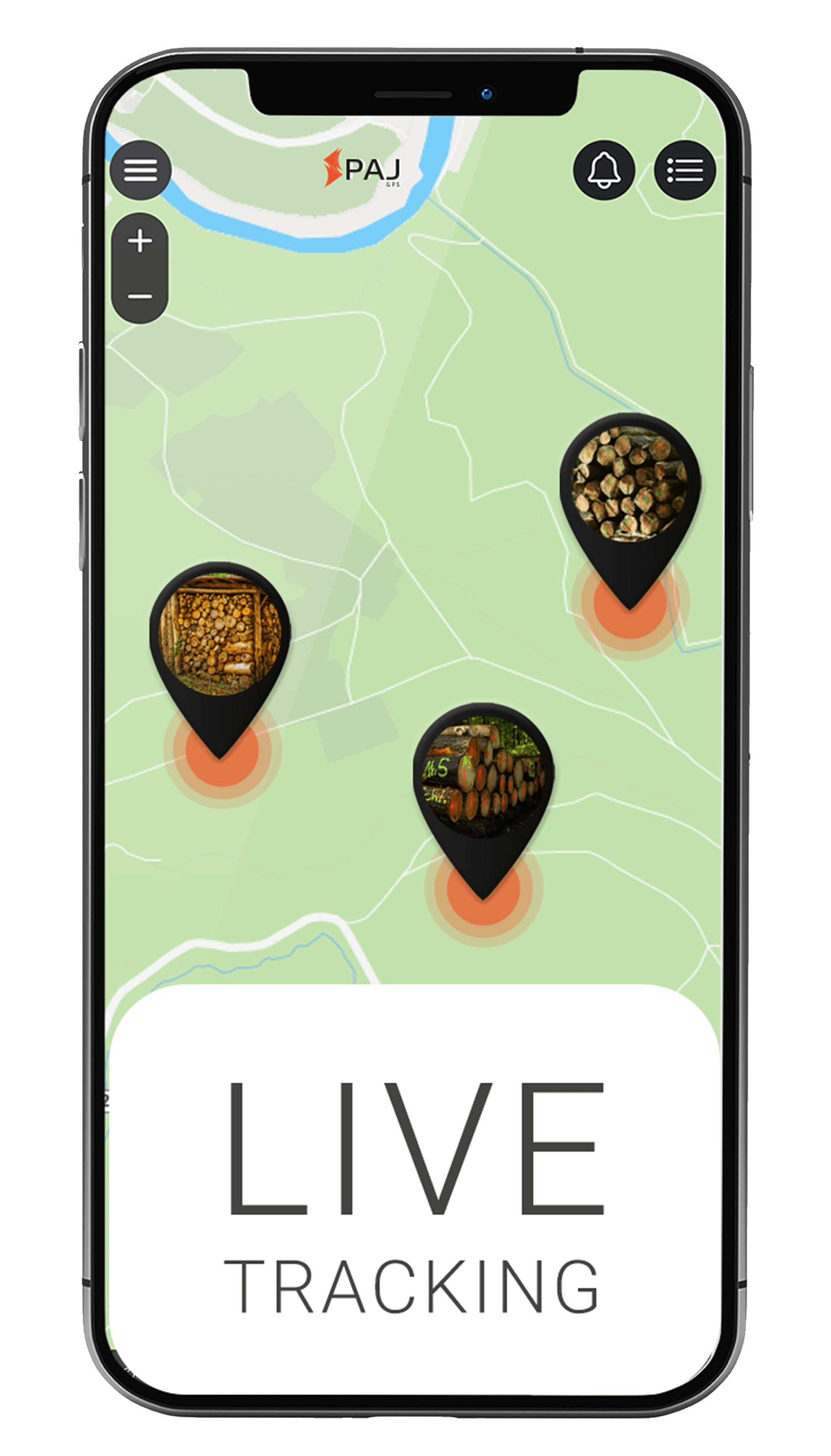 Mockup PAJ FINDER Portal App LIVE Tracking für Holz