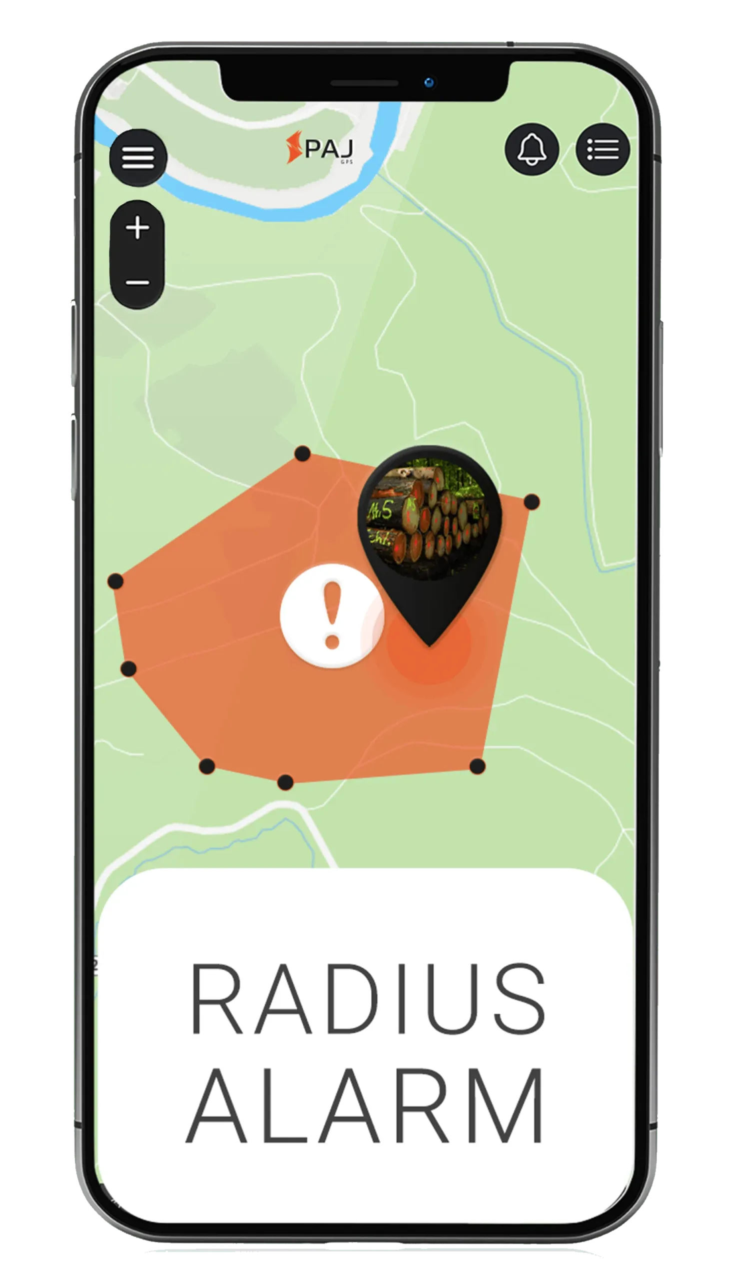 Mockup PAJ FINDER Portal App Radiusalarm für Holz