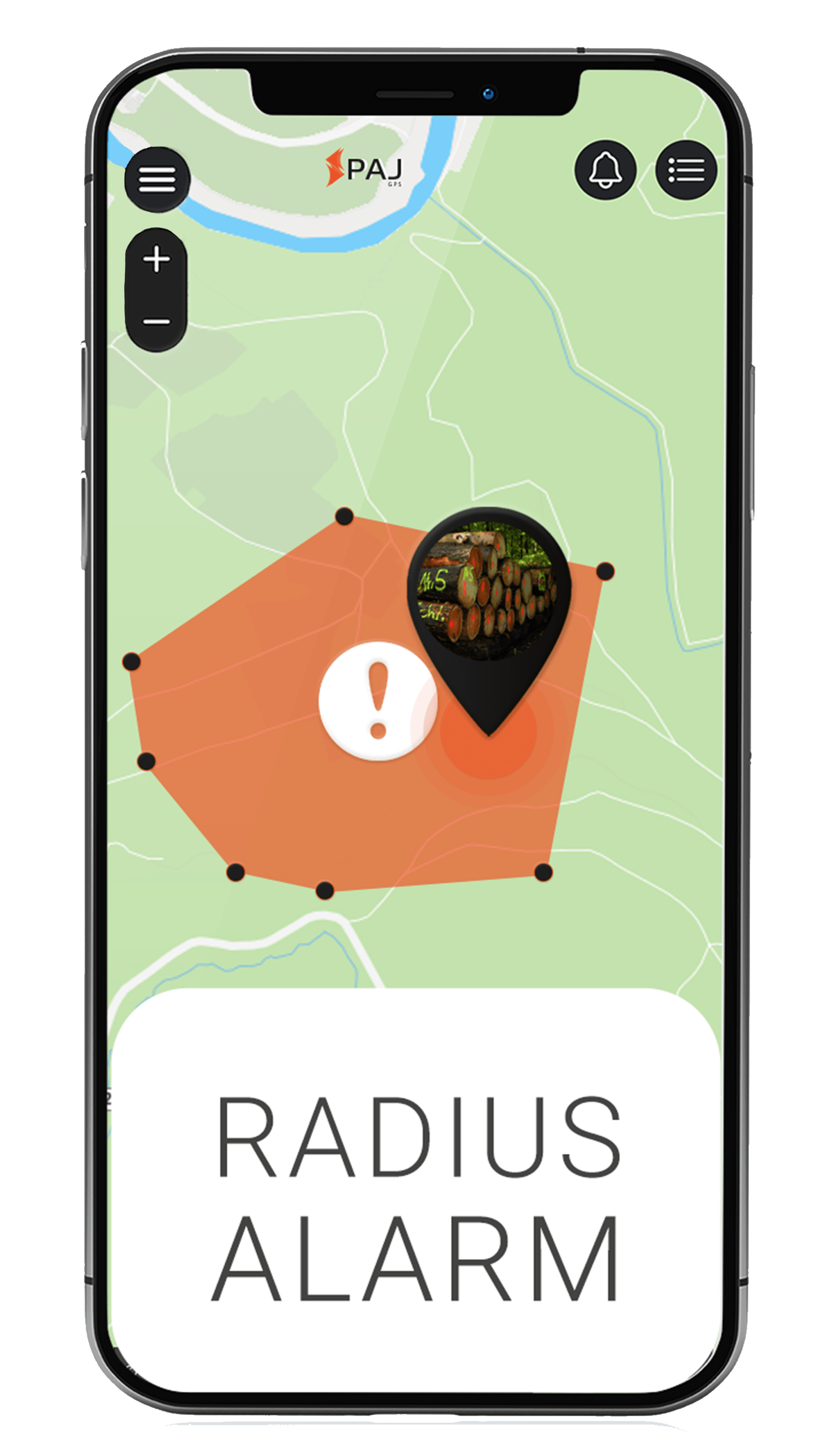 Mockup PAJ FINDER Portal App Radiusalarm für Holz