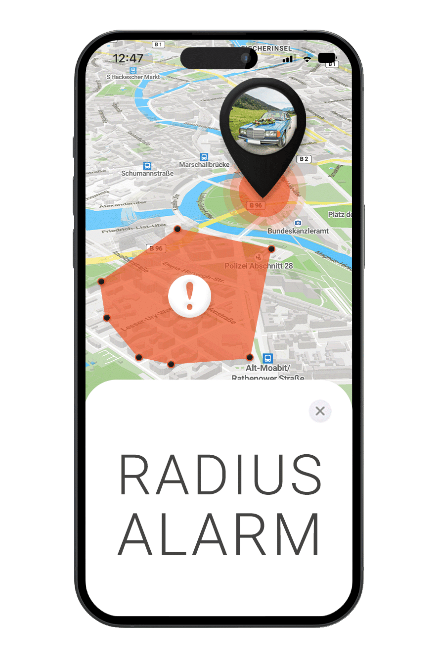 Mockup PAJ FINDER Portal App Radiusalarm für Oldtimer