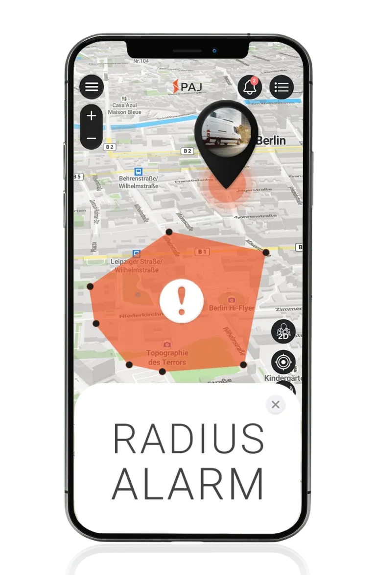 Mockup PAJ FINDER Portal App Radiusalarm für Sprinter