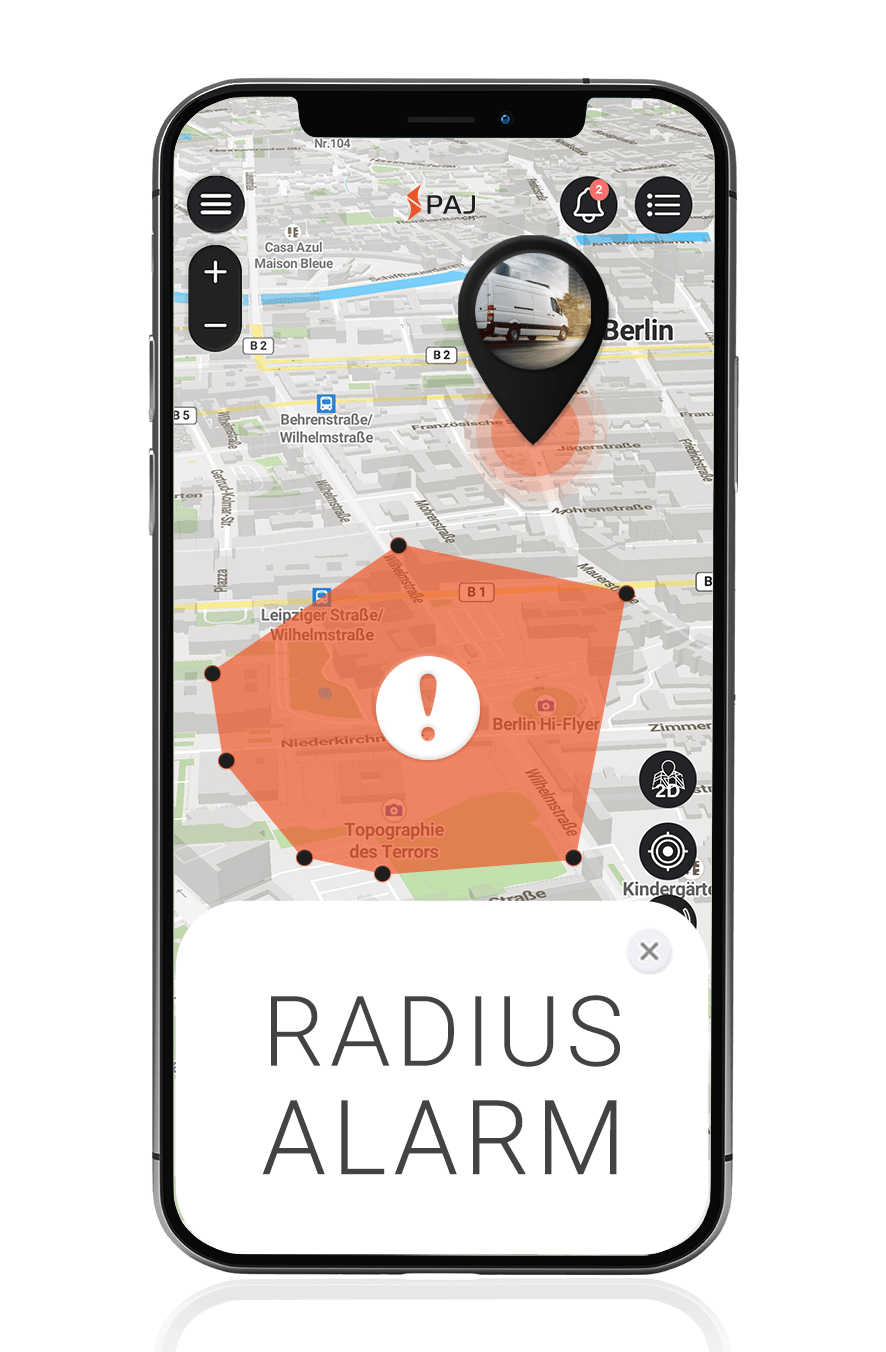 Mockup PAJ FINDER Portal App Radiusalarm für Sprinter