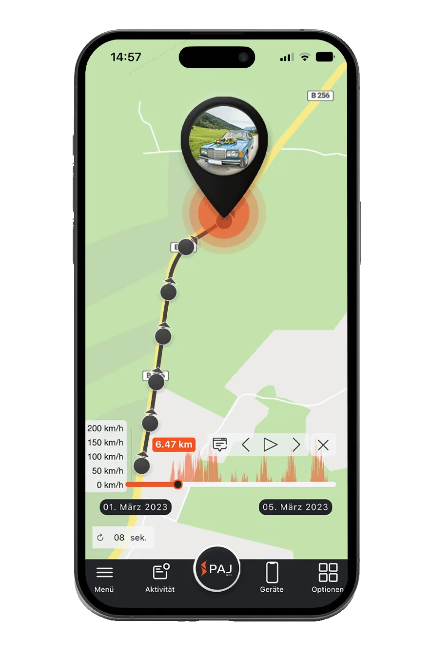 Mockup PAJ FINDER Portal App Streckenaufzeichnung für Oldtimer