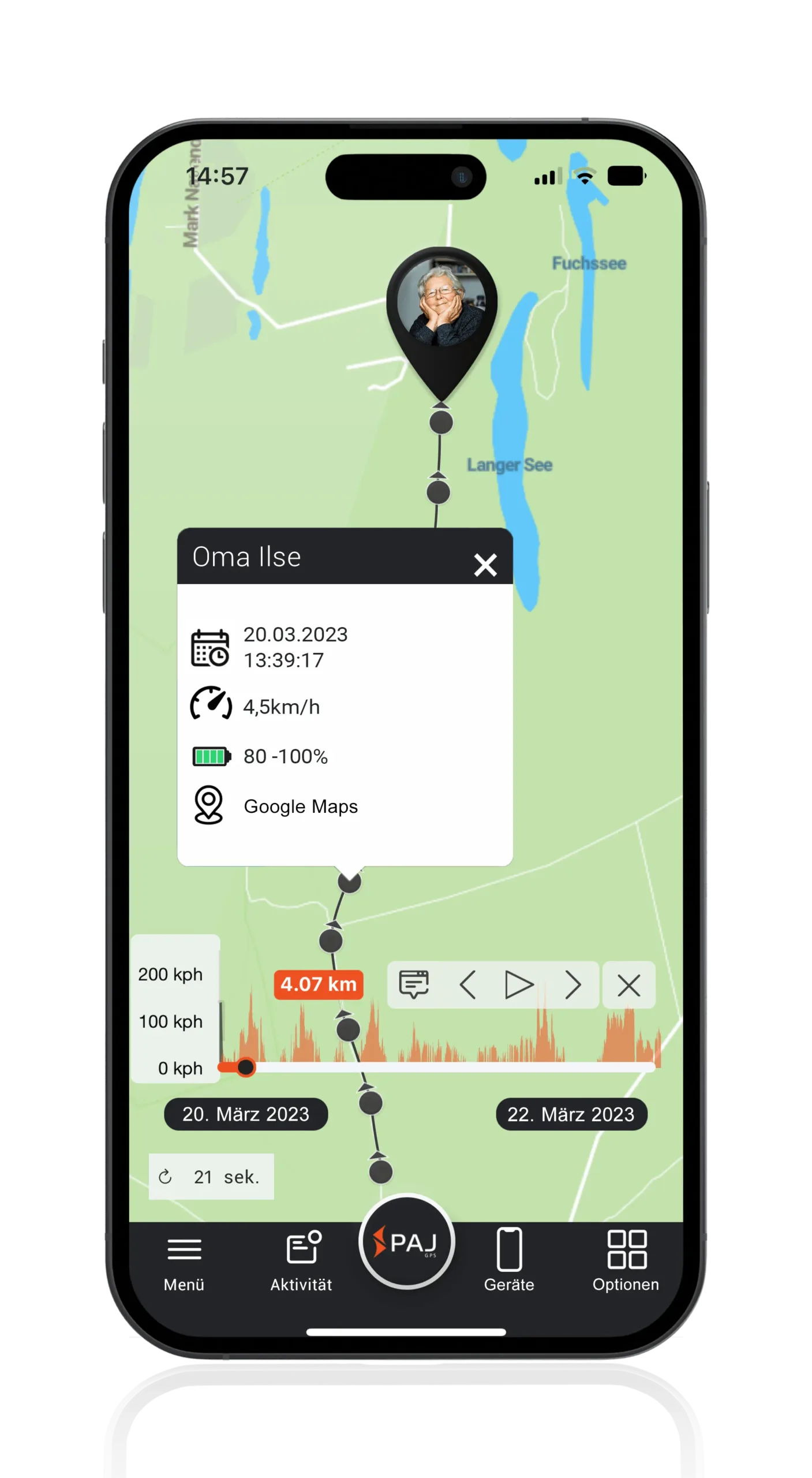 Mockup PAJ FINDER Portal App Streckenaufzeichnung für Senioren