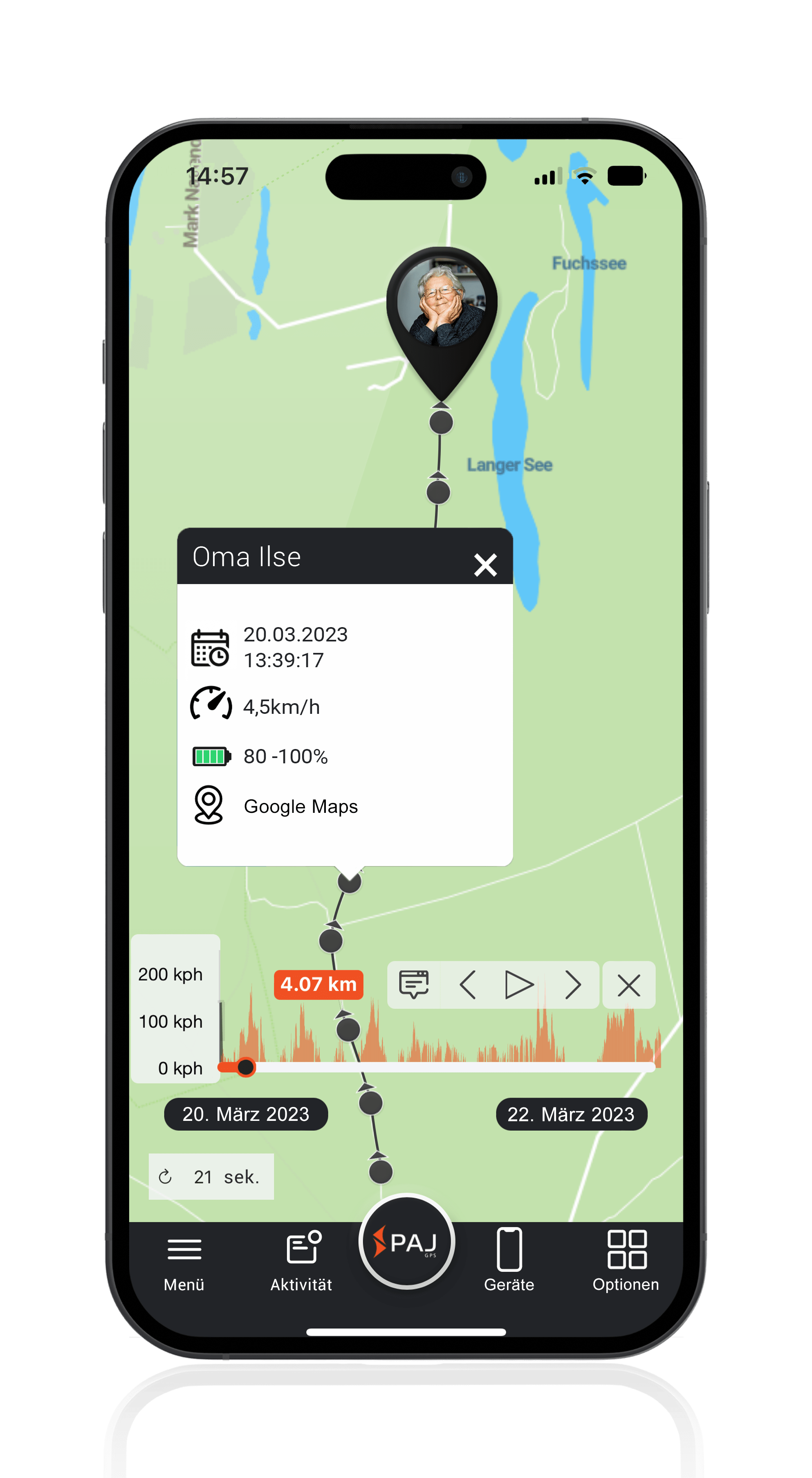 Mockup PAJ FINDER Portal App Streckenaufzeichnung für Senioren