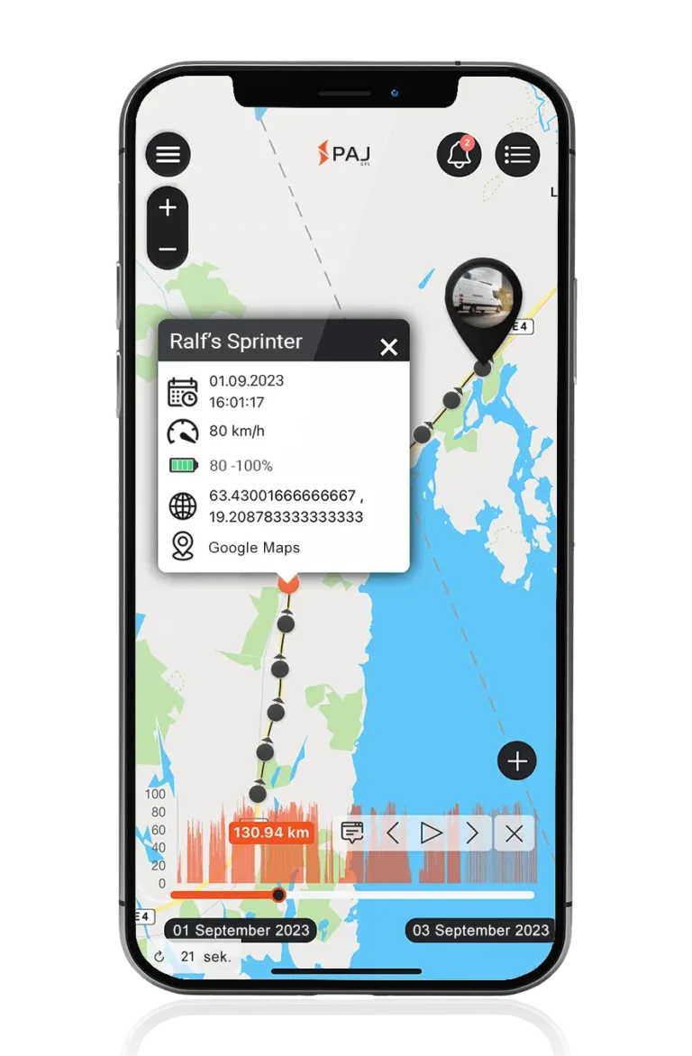 Mockup PAJ FINDER Portal App Streckenaufzeichnung für Sprinter
