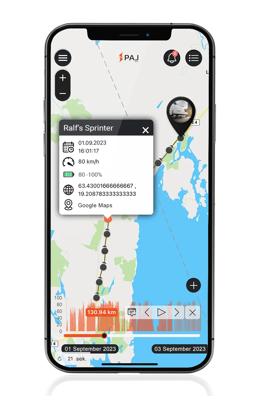 Mockup PAJ FINDER Portal App Streckenaufzeichnung für Sprinter