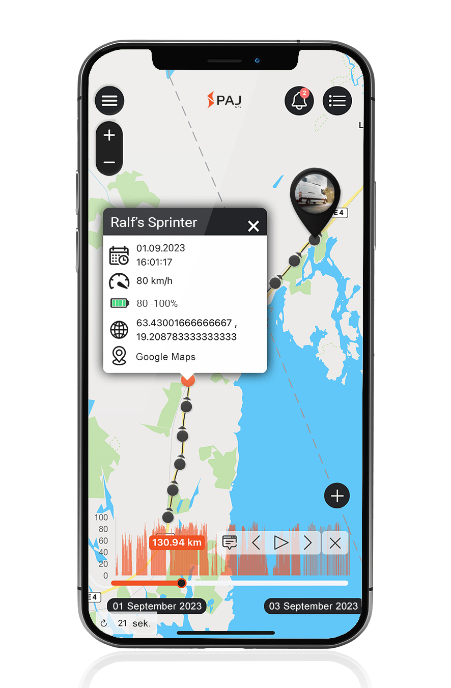 Mockup PAJ FINDER Portal App Streckenaufzeichnung für Sprinter