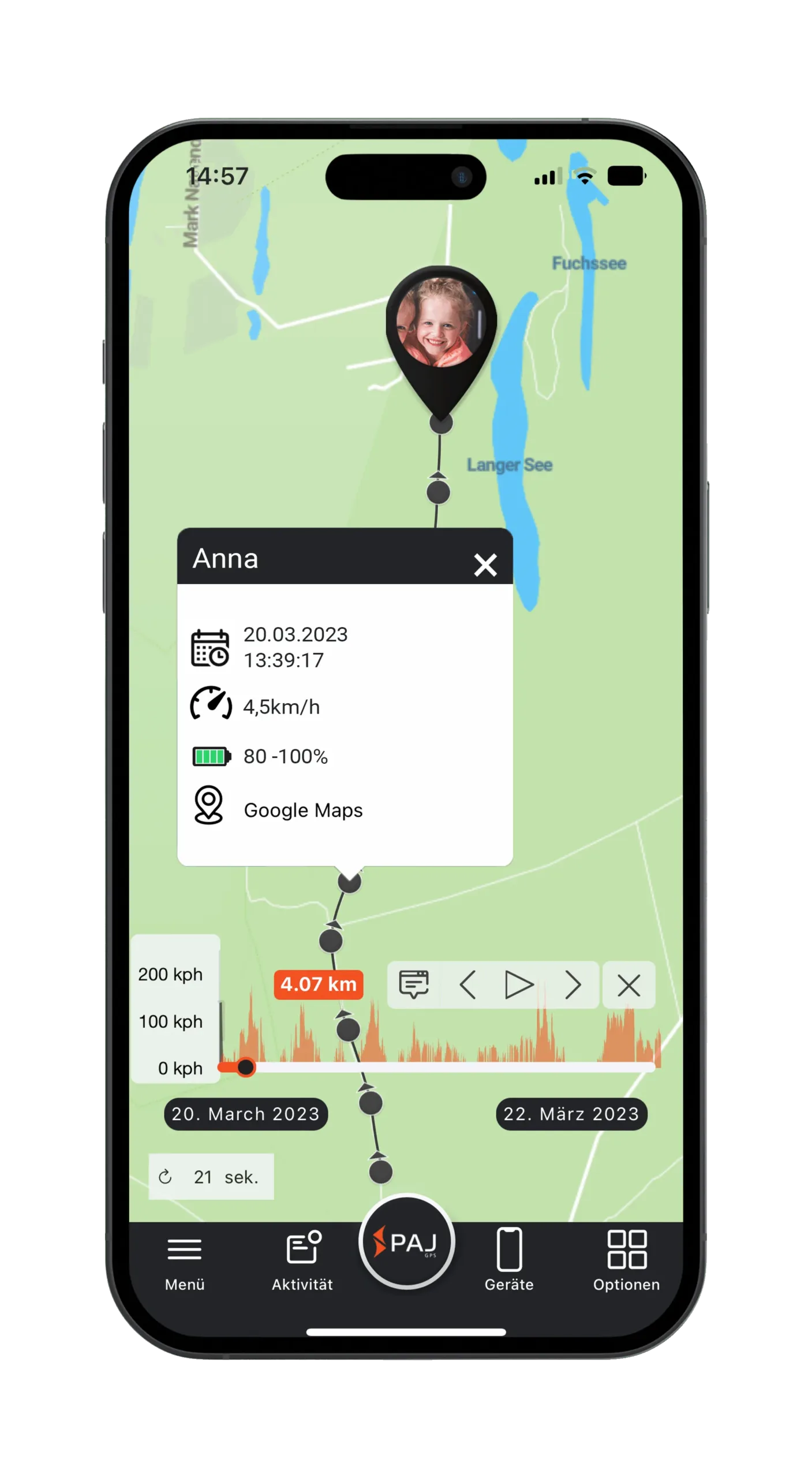 Screenshot der PAJ GPS-App, der den Standort eines Kindes auf der Karte zeigt