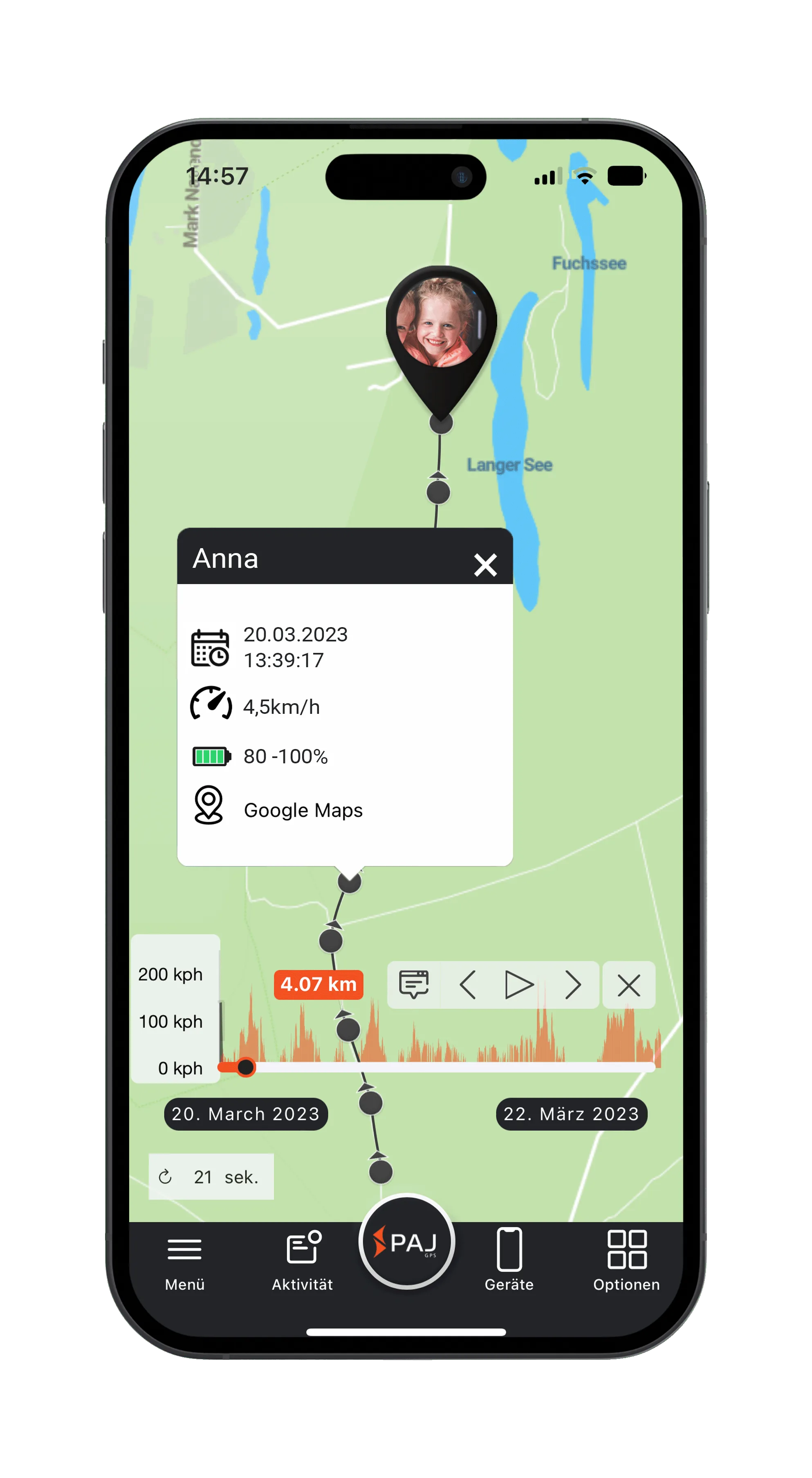 Screenshot der PAJ GPS-App, der den Standort eines Kindes auf der Karte zeigt