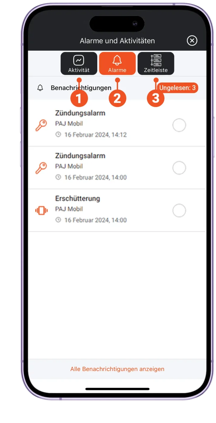 PAJ GPS Finder Portal Anleitung. Alarmen und Aktivitaeten