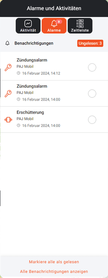 PAJ GPS FINDER Portal Alarmoptionen