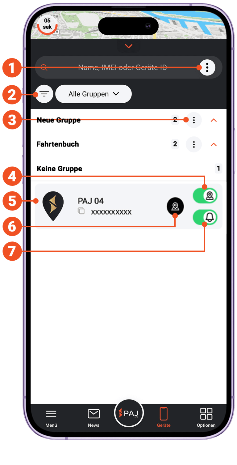 Bild der PAJ GPS FINDER-App auf einem Mobiltelefon