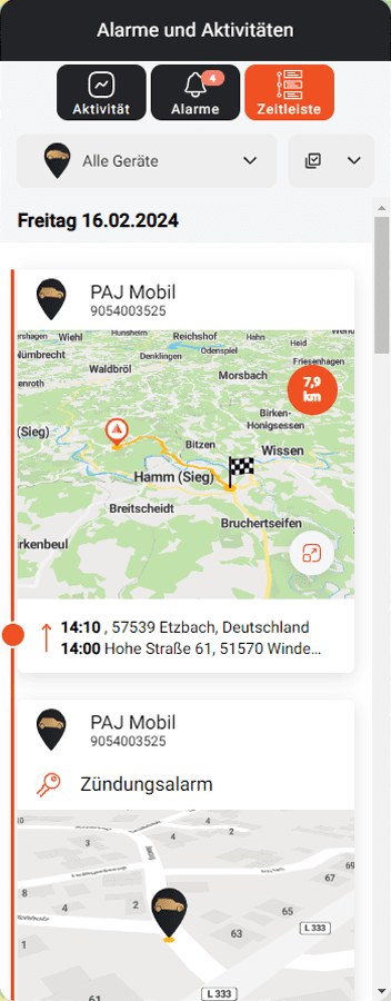 Bild der App mit einer angezeigten Route auf der Karte