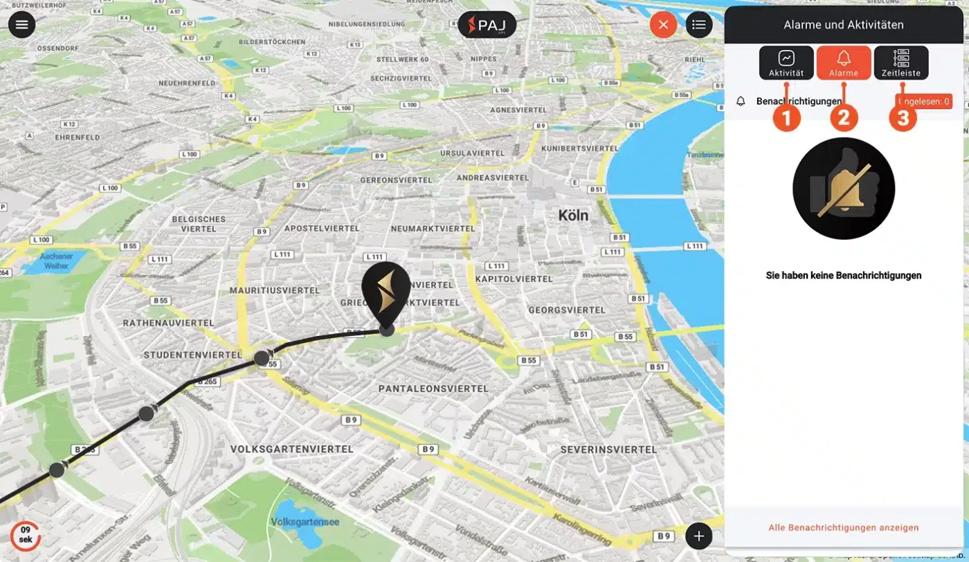 Bild der Karte im FINDER-Portal mit aktivierter Alarmoption