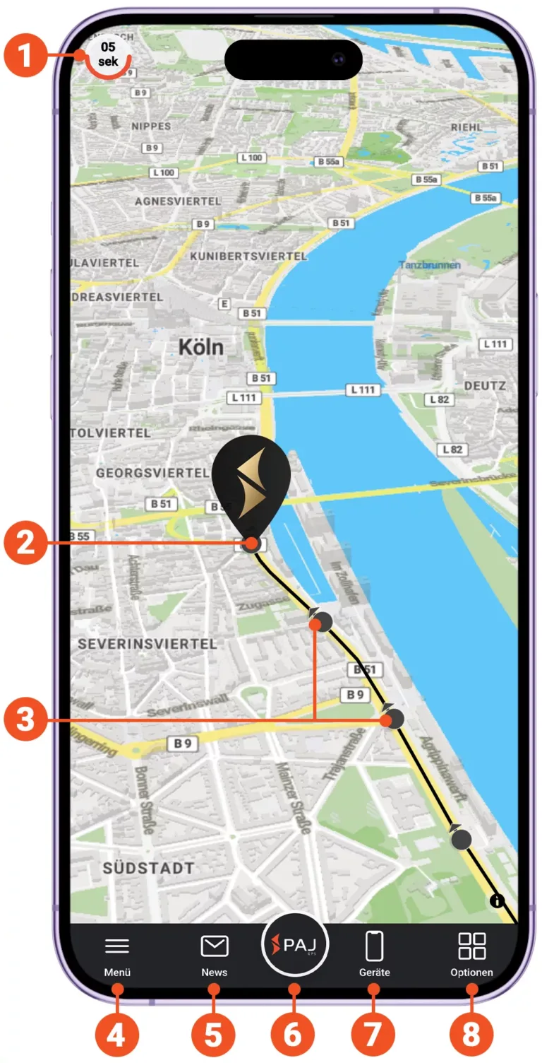 Infografik aus der App, die verschiedene Funktionen auf der Karte zeigt