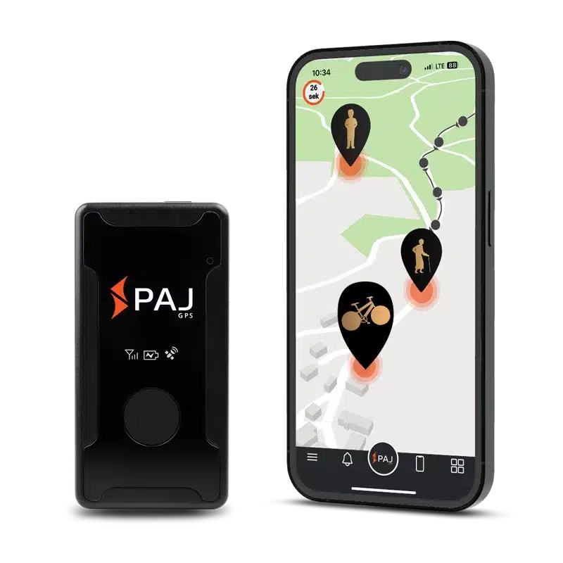 Bild eines Easy Finder-Geräts zusammen mit einem Smartphone, auf dem die PAJ GPS-App angezeigt wird