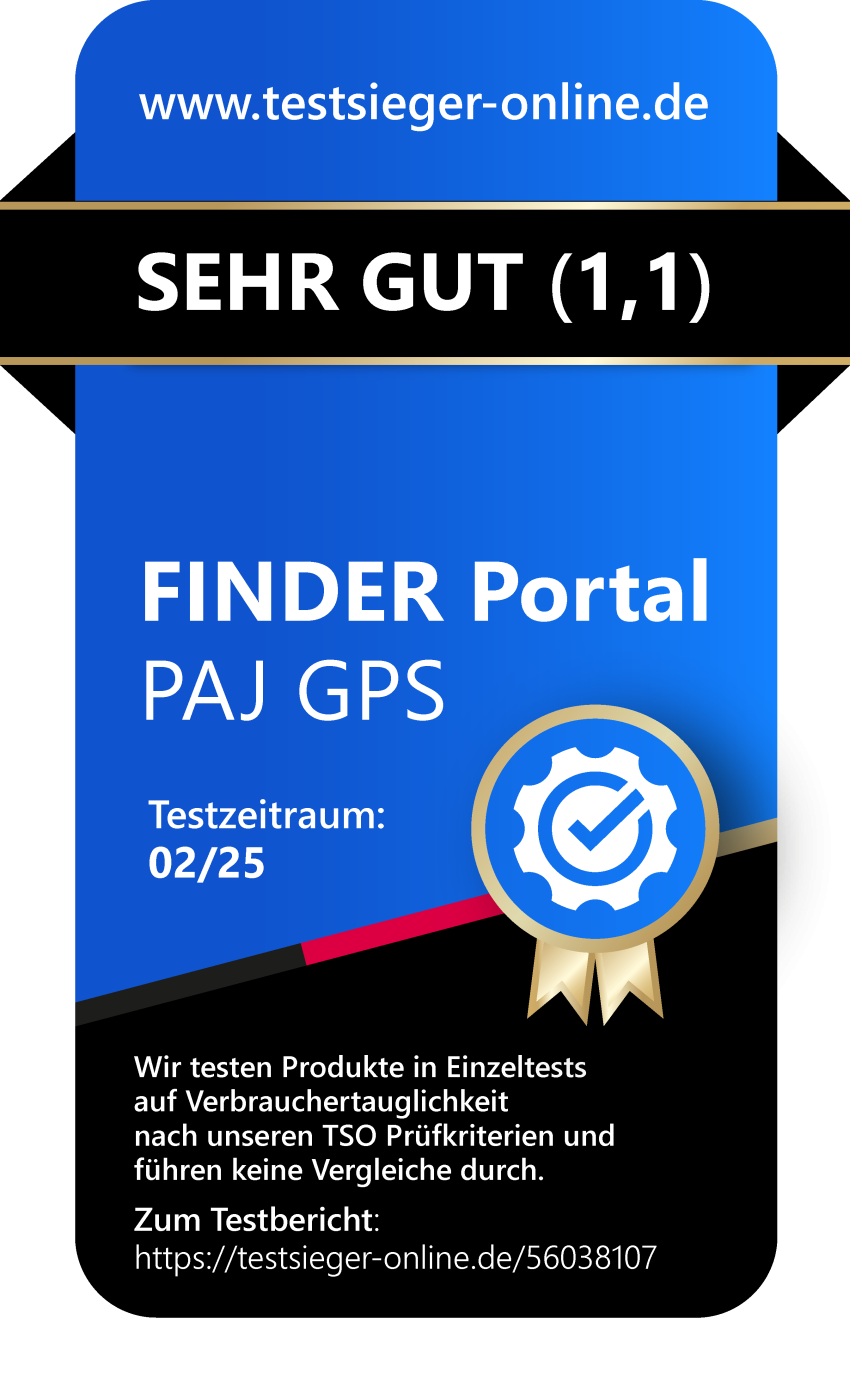 Sehr-Gut-Siegel von testsieger-online für PAJ GPS FINDER Portal