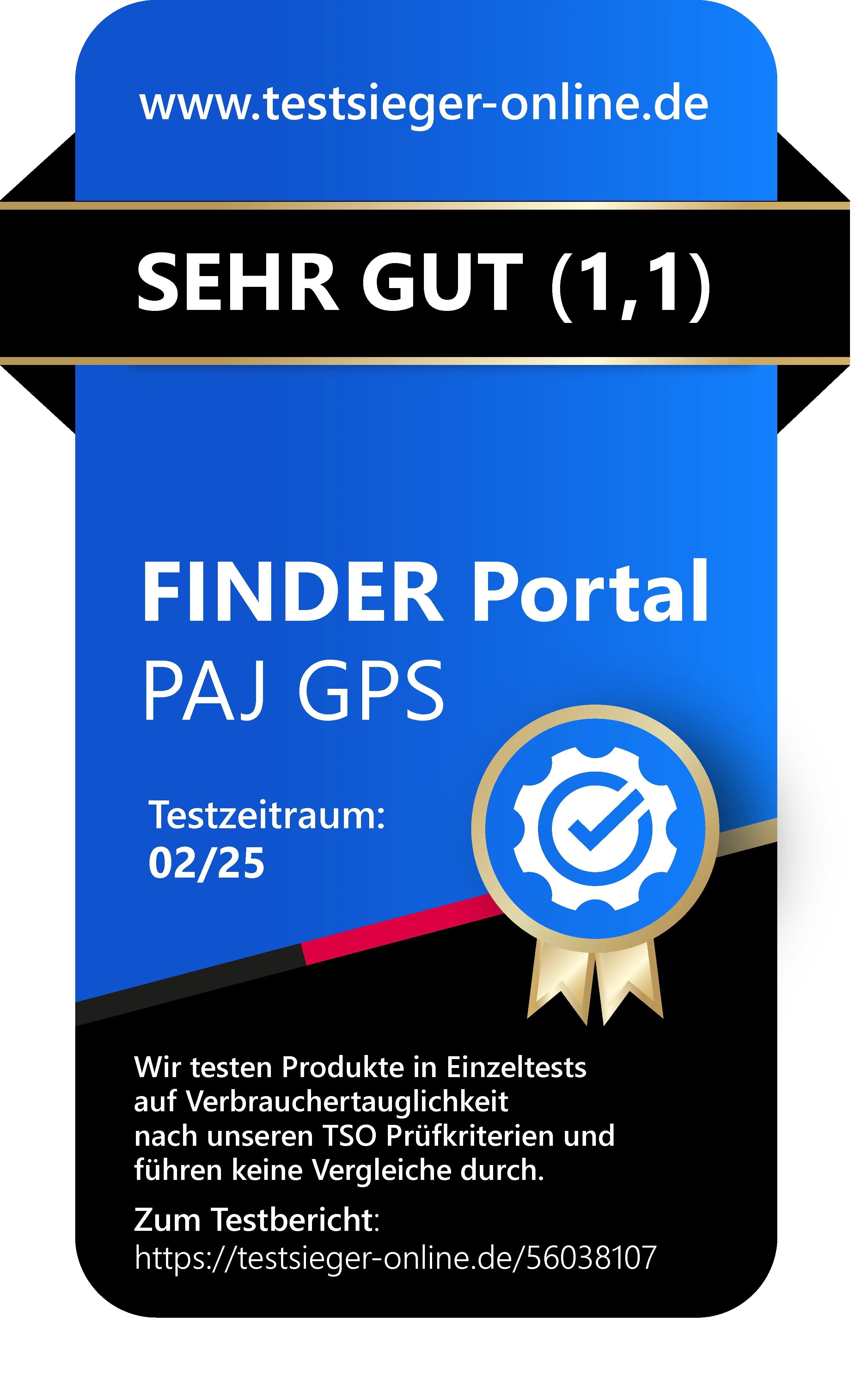 Sehr-Gut-Siegel von testsieger-online für PAJ GPS FINDER Portal