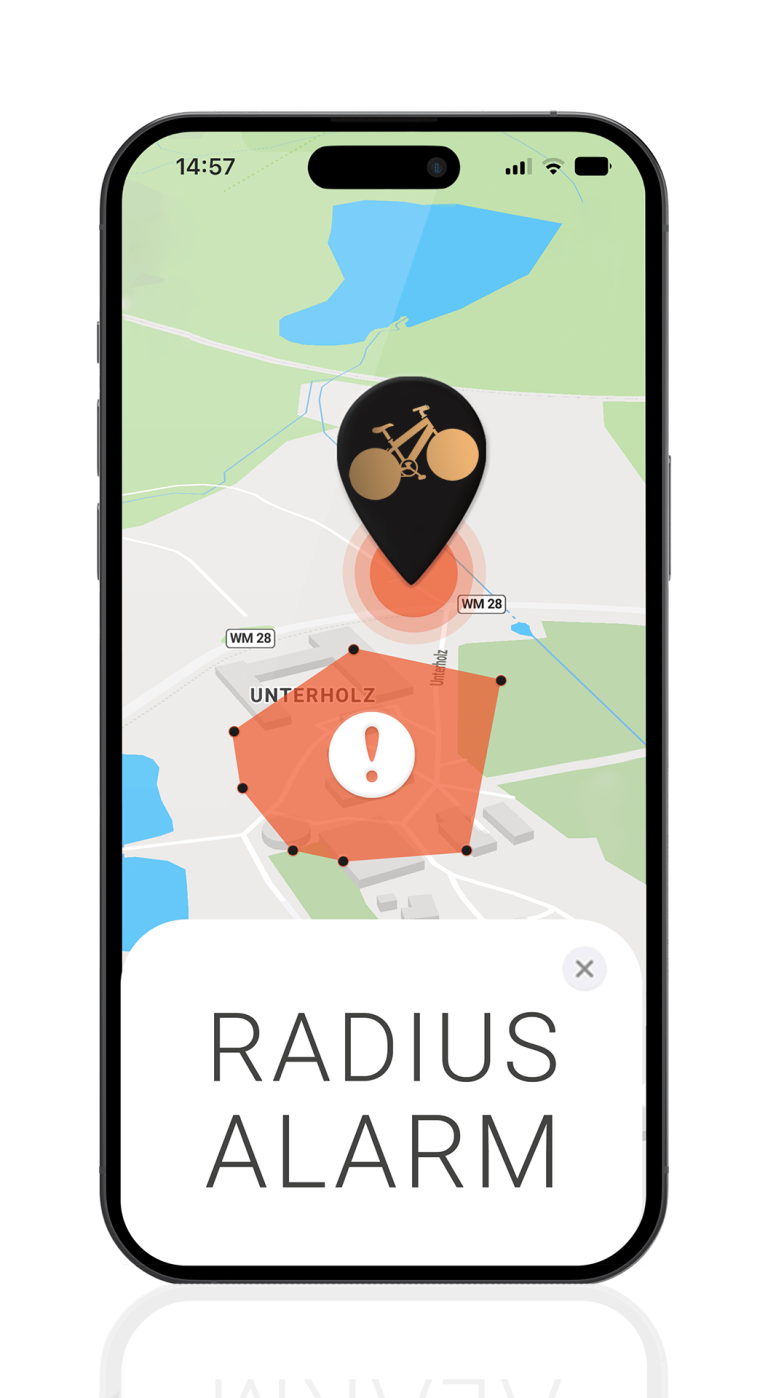 Screenshot der PAJ GPS-App, der die Radius-Alarm-Funktion auf dem Bildschirm zeigt
