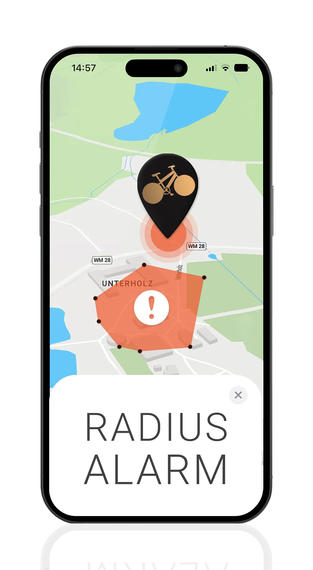 Screenshot der PAJ GPS-App, der die Radius-Alarm-Funktion auf dem Bildschirm zeigt