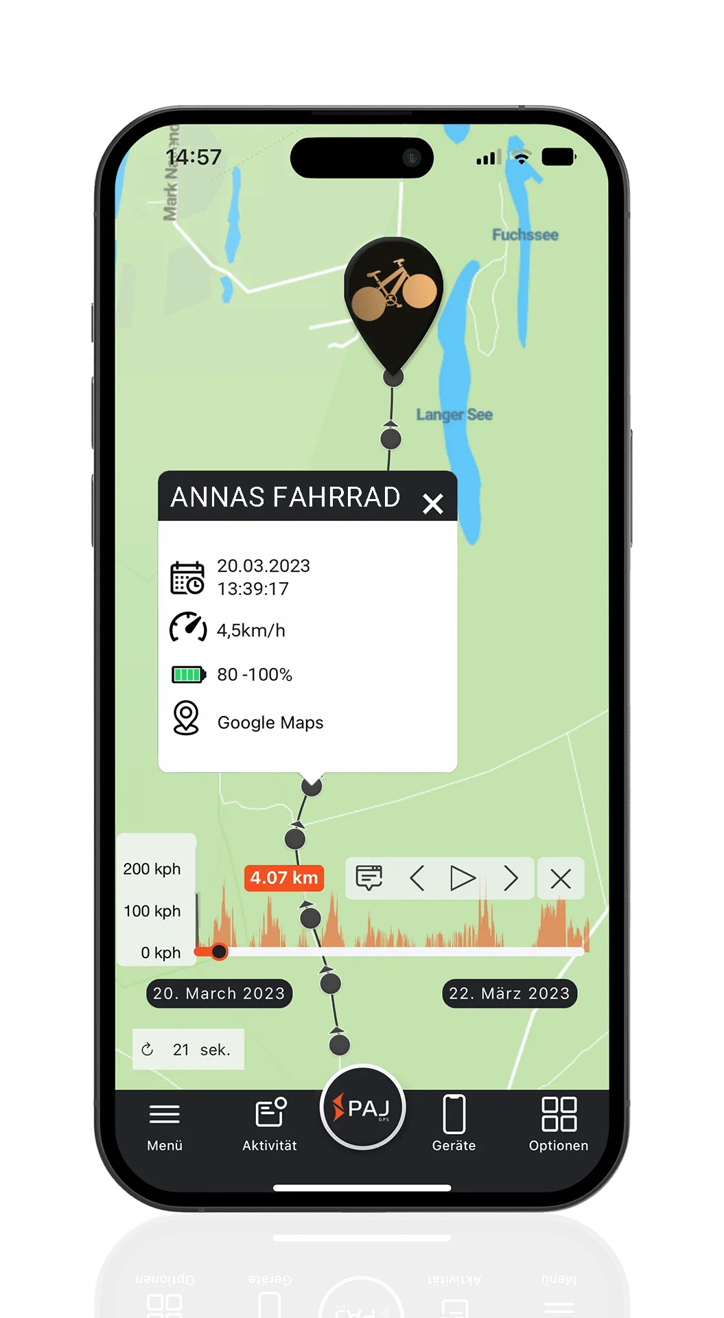 Screenshot der PAJ GPS-App, der den Standort eines Fahrrads auf der Karte zeigt