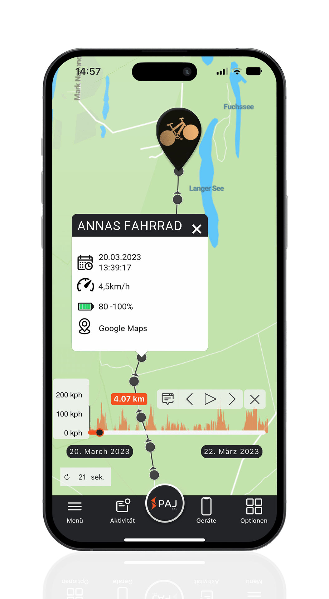 Screenshot der PAJ GPS-App, der den Standort eines Fahrrads auf der Karte zeigt
