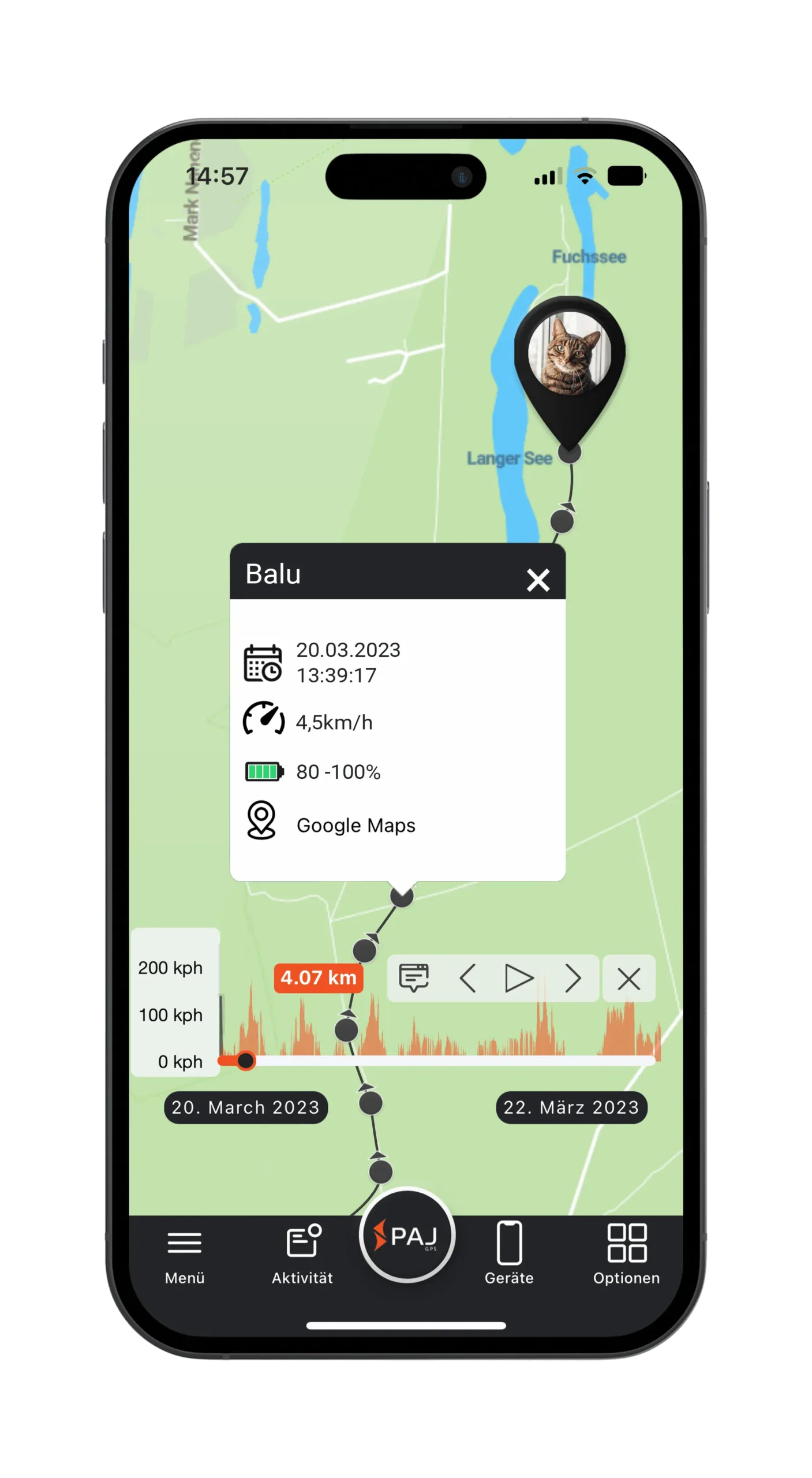 Mockup Streckenaufzeichnung FINDER Portal PAJ GPS Tracker mit Katze