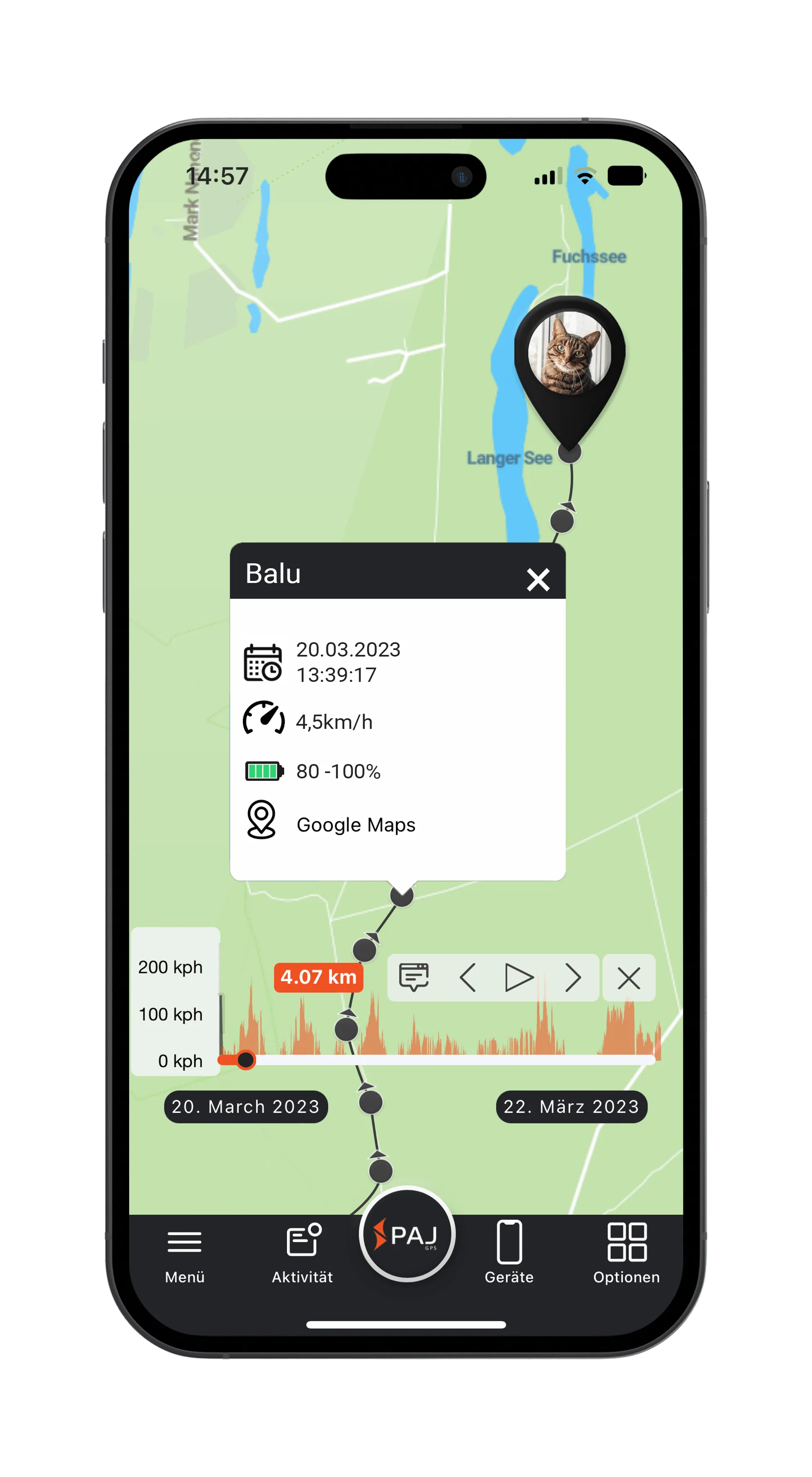 Mockup Streckenaufzeichnung FINDER Portal PAJ GPS Tracker mit Katze