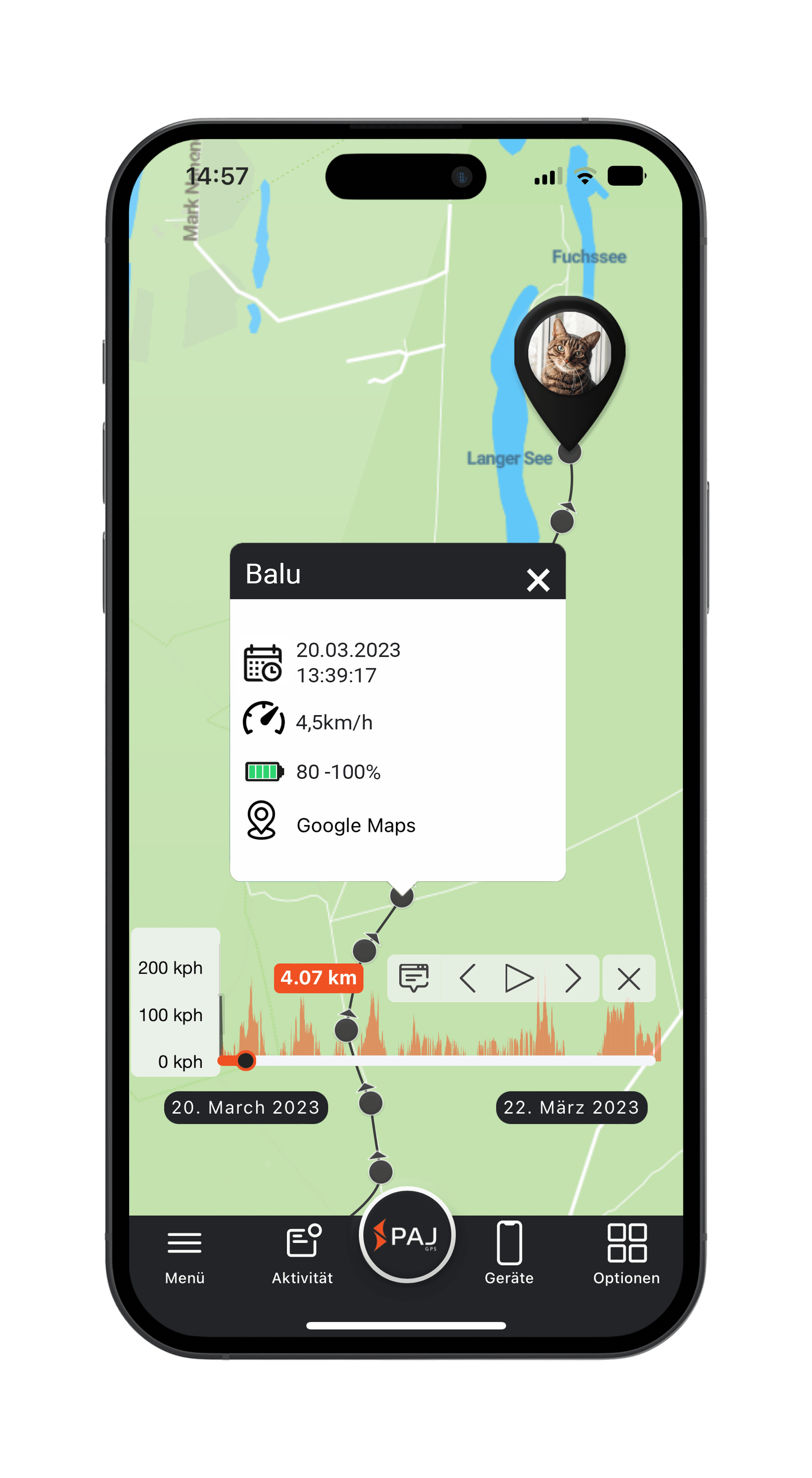 Mockup Streckenaufzeichnung FINDER Portal PAJ GPS Tracker mit Katze