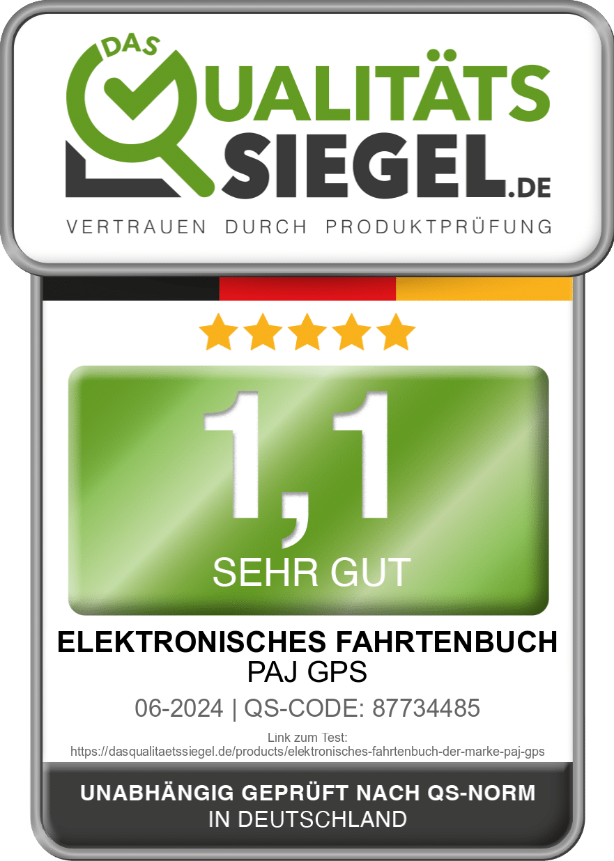 QS Qualitätssiegel Sehr Gut für Elektronisches Fahrtenbuch von PAJ GPS Tracker