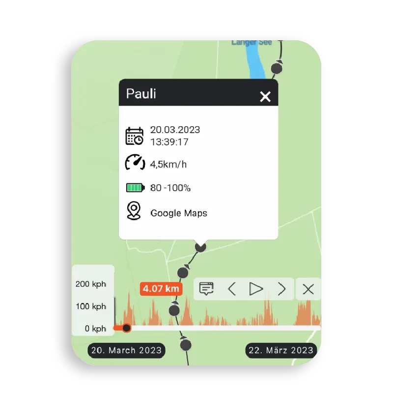 Screenshot der PAJ GPS-App, der den Standort und die Aktivität eines Trackers auf der Karte zeigt