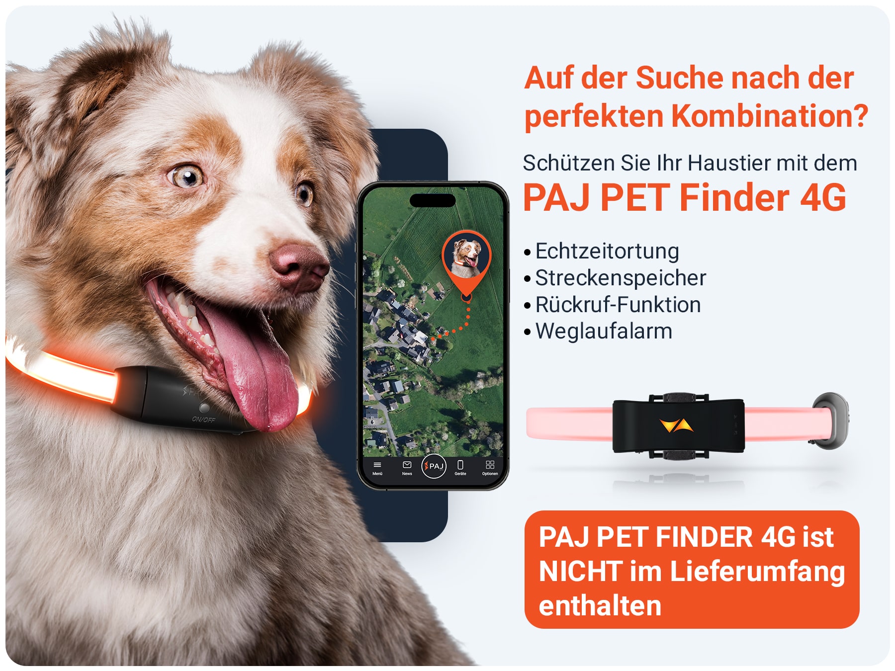 PAJ LIGHT in schwarz: LED Halsband für Hunde in Kombination mit PET Finder von PAJ GPS