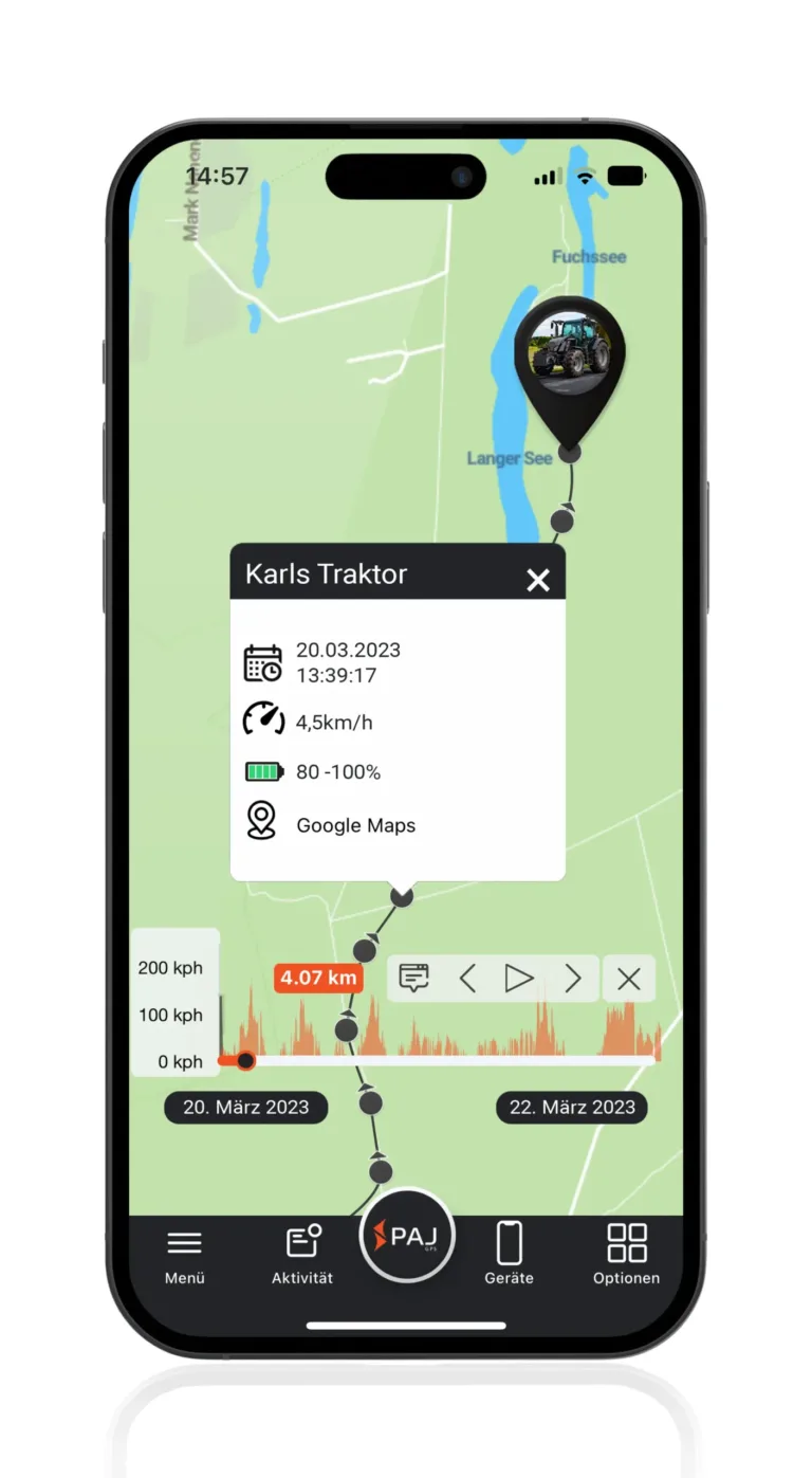Mockup der PAJ App fuer GPS Tracker fuer Gartengeraete