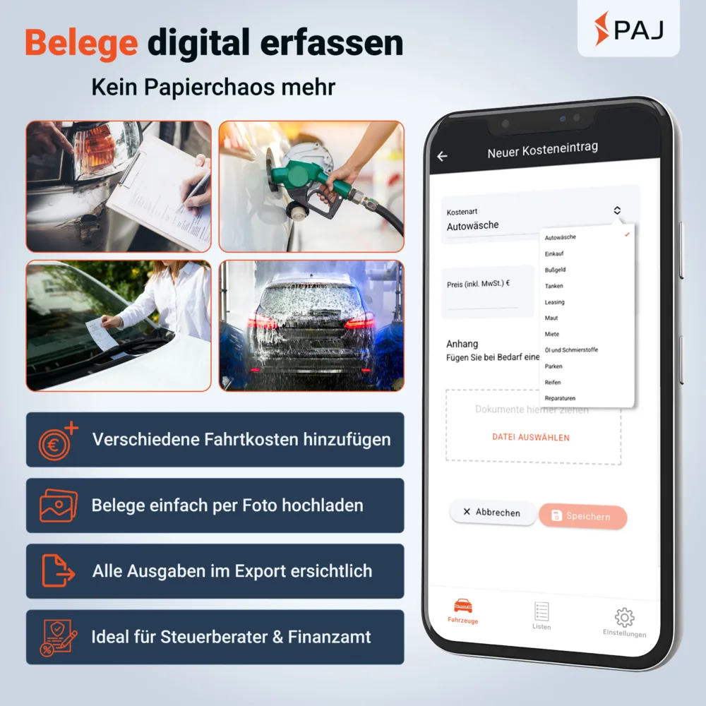 Elektronisches Fahrtenbuch PAJ GPS Belege erfassen Belege digital erfassen im elektronischen Fahrtenbuch von PAJ GPS – Tankbelege, Reparaturen und Autowäsche per App fotografieren und speichern