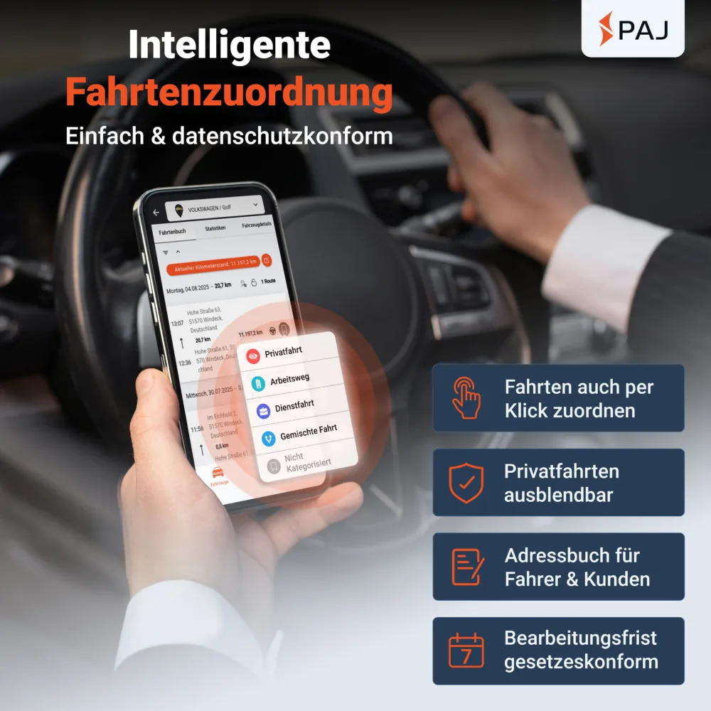 Elektronisches Fahrtenbuch PAJ GPS Fahrtenzuordnung Intelligente Fahrtenzuordnung im elektronischen Fahrtenbuch von PAJ GPS – Fahrten per Klick als Privat- oder Dienstfahrt markieren, DSGVO-konform und gesetzeskonform