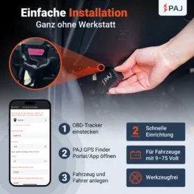 Einfache Installation des PAJ GPS OBD2 Fahrtenbuchs – Tracker in OBD-Buchse einstecken, App öffnen und Fahrzeug anlegen, ganz ohne Werkstatt