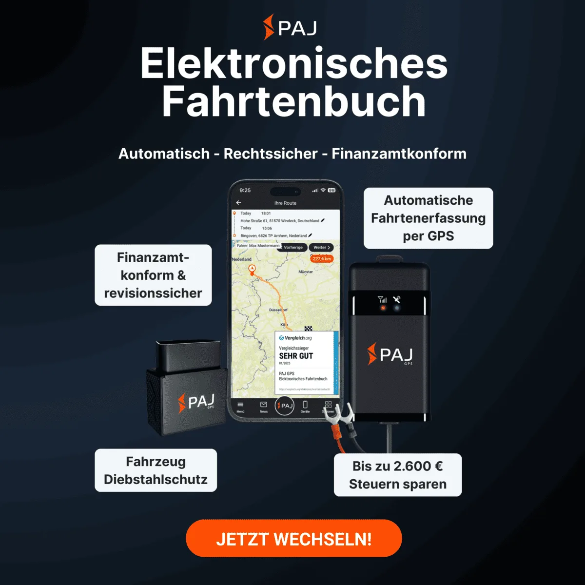 Ein GPS Fahrtenbuch der finanzamtkonform und revisionssicher wird von PAJ vorgestellt. Ein OBD Fahrtenbuch und ein Fahrtenbuch elektronische
