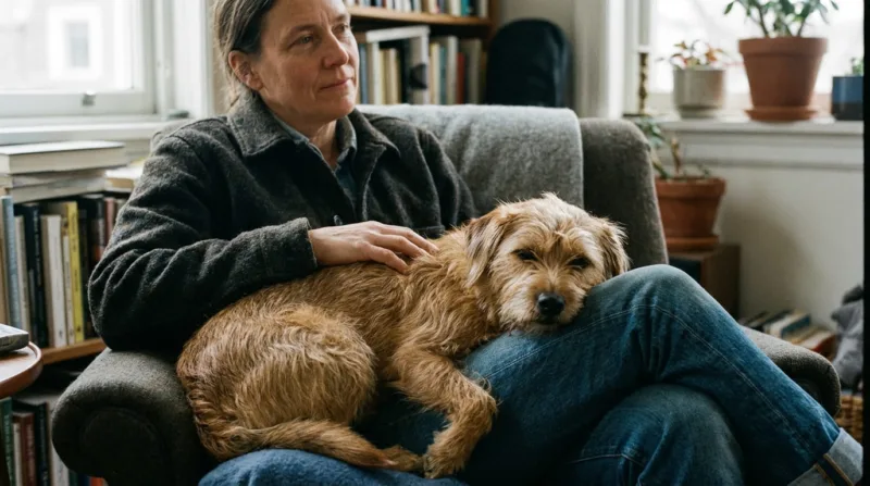 Erwachsener Mensch sitzt ruhig mit seinem Hund auf dem Sofa – emotionale Nähe im Alltag