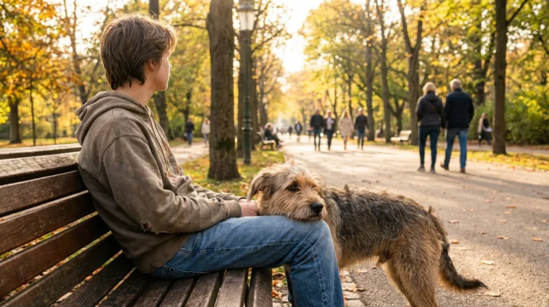 Jugendlicher sitzt mit Hund auf einer Parkbank – ruhige Alltagsszene zum Thema mentale Gesundheit